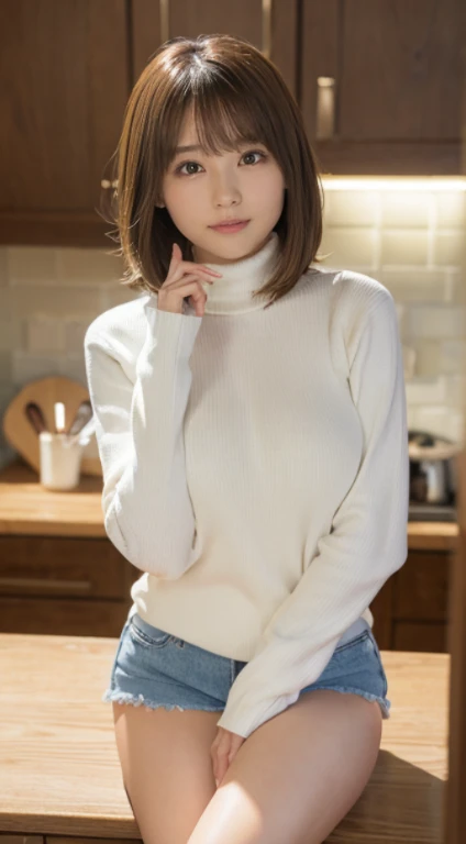 City of night((Standing in the kitchen)),masterpiece、one girl per photo、 ( girl、small face、Extremely beautiful face, natural makeup)(fair skin、realistic skin)(sparkling eyes)、brown hair、((inner、the presence of a hole in the chest、White long-sleeved turtleneck knit))((Super denim shorts))bright smile、short bob hair、hair behind ears、shiny smooth blonde hair、asymmetric bangs、8K resolution、 high detail、elaborate hairstyle、detailed face、beautiful breasts、beautiful cleavage、thin waist、big ass、thin thighs、description of octane、Super realistic、perfect limbs、、perfect fingertips、perfect anatomy、inviting pose、Angle below the knee、short boots、bold and sexy pose、