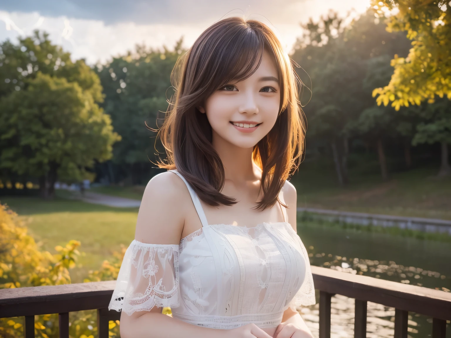 (Happy smile when looking at this、Under the autumn sky、casual clothes、(daydream), 1 girl, Solo Images, (pretty young look), Esmanium, (Insult Strip Color Hair), (lace dress), (Highly realistic detail face in 8k HD:1.5 (Soft Scene, Very low lightning), Detailed beautiful reflexed pupils, table top:1.3, Super high resolution:1.2, dynamic lighting)