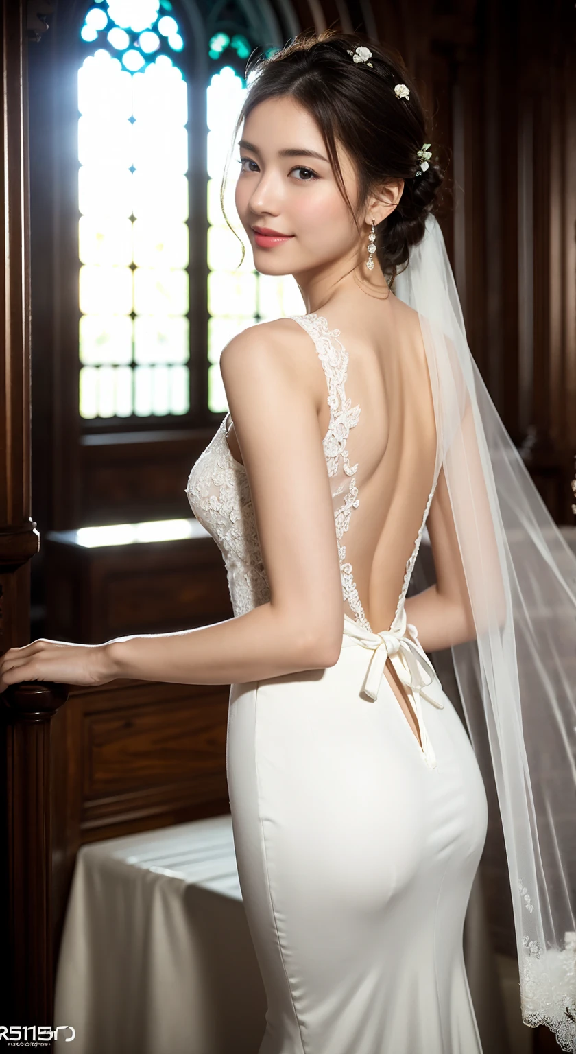 Turbulent posture, (very delicate and beautiful work), (masterpiece), 1girl, girl in sexy lace wedding dress with small flowers on her head, church front veil, lace, high definition, ridiculous, charming expression, smile, beautiful clear eyes, green eyes, delicate necklace, delicate earrings, waist shot, from_back sexy view, (full body: 1.35), background blur, ultra-fine depiction, beautiful, attractive, ultra-fine painting, delicate face, delicate figure, thin collarbone, nice lips, beauty big, soft back, mix4, (8k, RAW photos, top quality), masterpiece: 1.2), (realistic, photorealistic: 1.37), one girl, cute, professional lighting, photon mapping, radiosity, physically based rendering