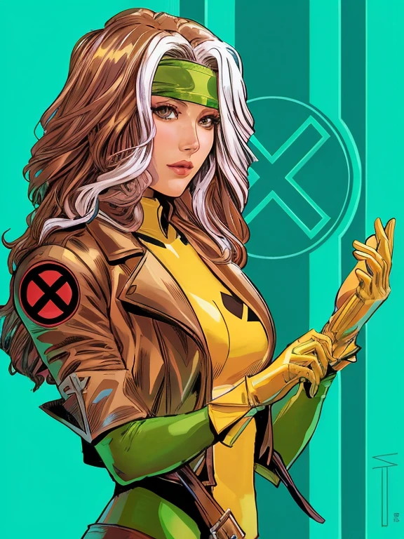 une femme dans une tenue jaune et verte, portrait of Rogue, beautiful voyou lady, female voyou, full body portrait of Rogue, voyou anime girl, sans texte, Conception de personnages de bandes dessinées des années 90, voyou, Style artistique X-Men des années 1970, portrait of female voyou, Chris Moore. artgerme, uncanny X-Men comics