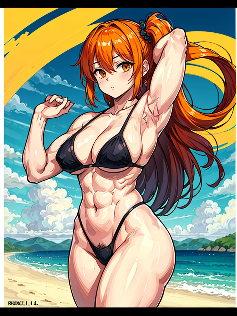 (((masterpiece、Highest image quality、highest quality、highly detailed unity 8kwallpaper)))、((Illustration of one girl))、(((beautiful girl)))、((orange hair、side ponytail、sidelocks:1.4、orange eyes))、(((stocky build, thickset physique:1.3, muscular legs, broad shoulders, solid chest:1.3、orange hairy armpits:1.4)))、(armpit hair:1.4)、swimsuit、sandy beach