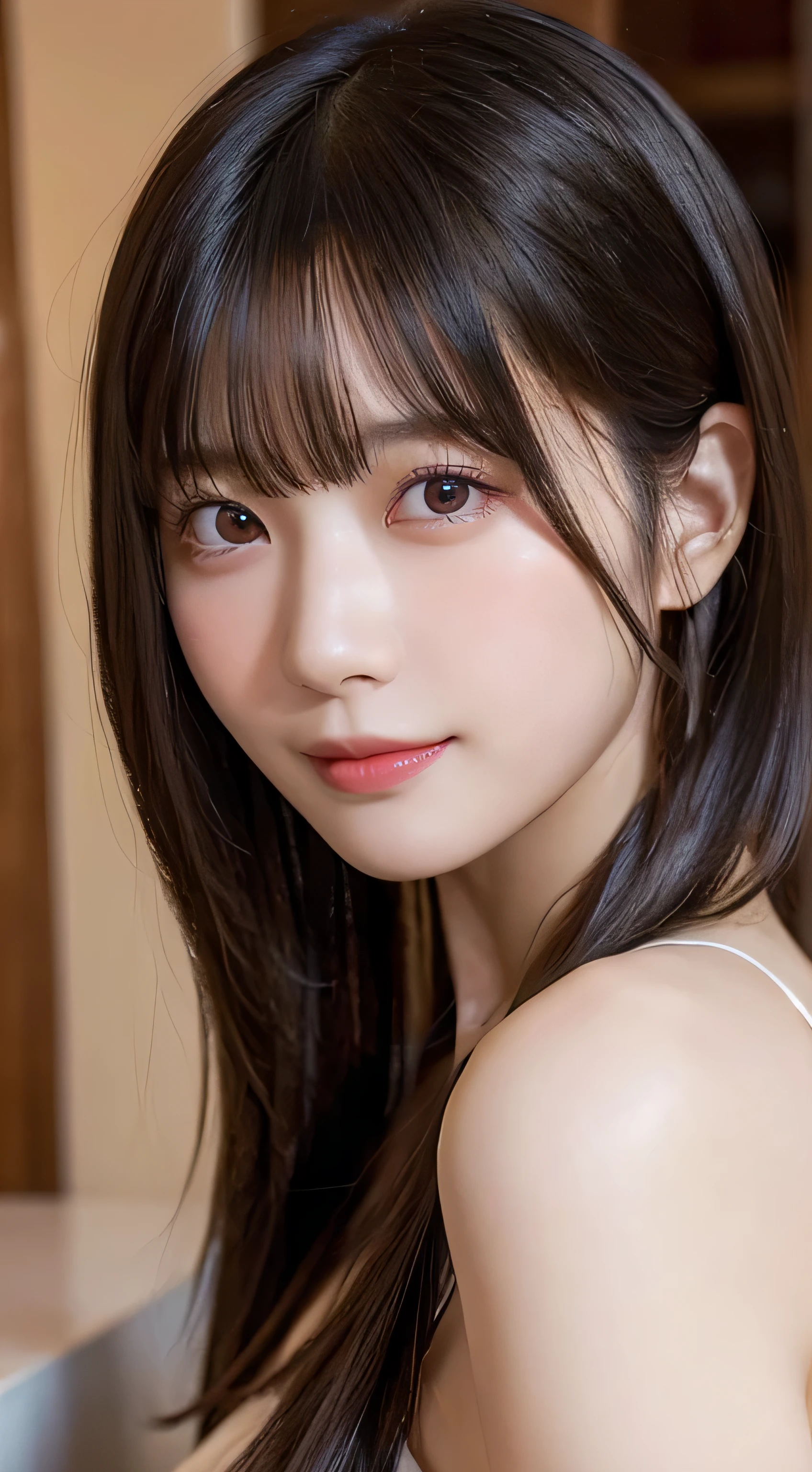 (top-quality,​masterpiece:1.3,超A high resolution,),(ultra-detailliert,Caustics),(Photorealsitic:1.4,RAW shooting,)Ultra-realistic capture,A highly detailed,High resolution 16K human skin close-up。 Skin texture natural、,The pores are、Must be detailed enough to be easy to identify。 Skin should look healthy with even tones。 Use natural light and color,resturant,女の子1人,japanes,18year old,kawaii,A dark-haired,poneyTail,large boob,smil,Turn your body to the front,(front-facing view:1.1),Looking at the camera,cowboy shot,、下着