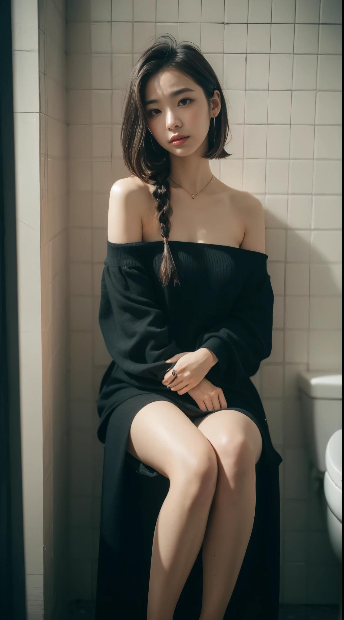 ((Best Quality, 8K, masutepiece:1.3, hight resolution, Beautiful Girl)), Cute, Detailed face, Detailed skin, Detailed eyes, Detailed lips, Detailed fingers, Photorealistic, Raw photo, Natural lighting, Perfect Anatomy, 二重まぶた, moist lips, toned legs, (Off-the-shoulder leather dress, Braid hair, Hair over one eye, Black hair), Looking at Viewer, Cyberpunk, Bare shoulders, Sitting, in the messy toilet, peeing herself, close up