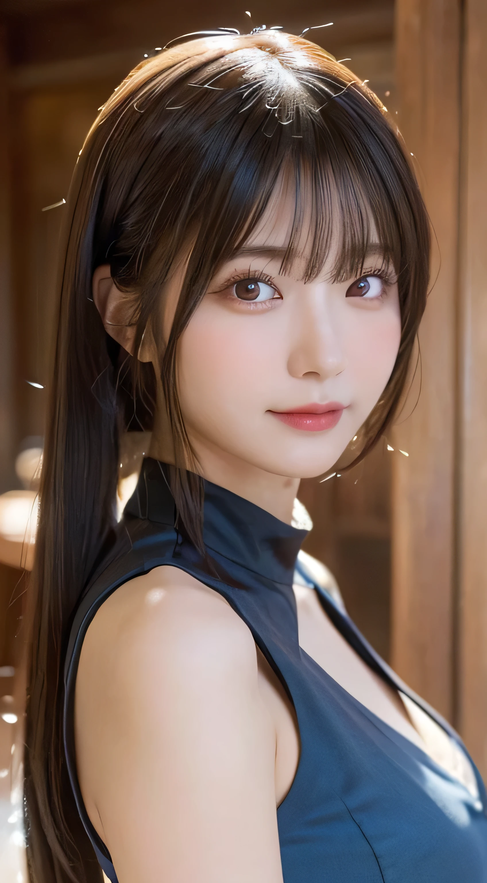 (top-quality,​masterpiece:1.3,超A high resolution,),(ultra-detailliert,Caustics),(Photorealsitic:1.4,RAW shooting,)Ultra-realistic capture,A highly detailed,High resolution 16K human skin close-up。 Skin texture natural、,The pores are、Must be detailed enough to be easy to identify。 Skin should look healthy with even tones。 Use natural light and color,resturant,女の子1人,japanes,18year old,kawaii,A dark-haired,poneyTail,large boob,smil,Turn your body to the front,(front-facing view:1.1),Looking at the camera,cowboy shot,、下着