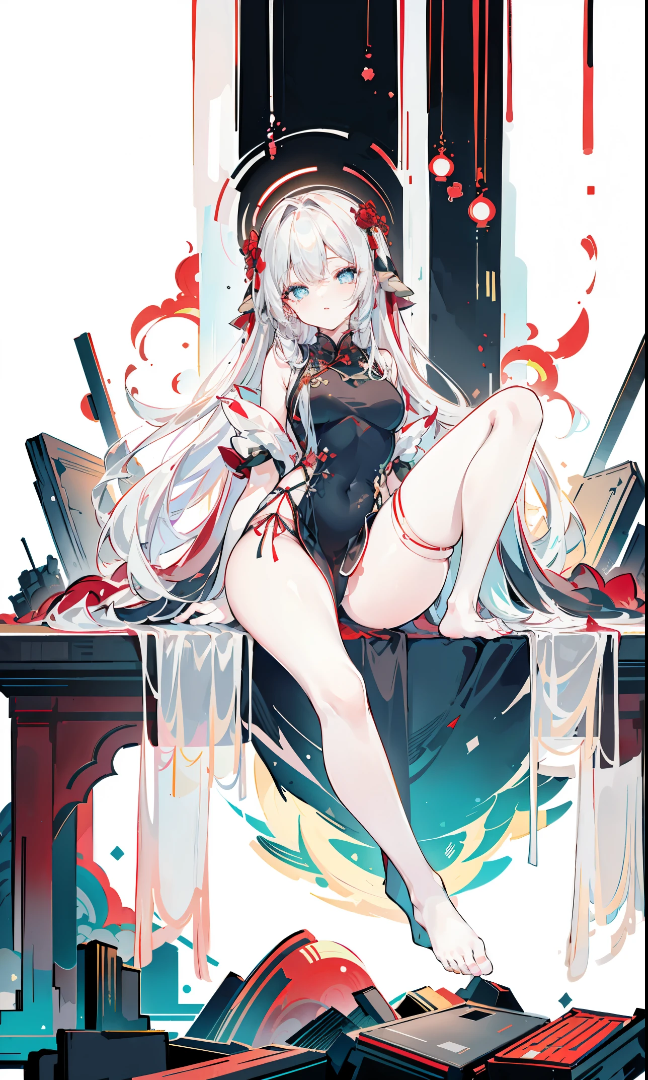 a girl，sheep&#39;bugle, full color,  long white hair, Red眼睛 ，Eyeliner,  black transparent clothes, Red, open air, Rose, night, ruins, Butterfly，mine same as the original, mine, , (:1.2)
rest, (cheongsam), (view from below), (place one's arms behind one's back), (wild lift), thin dress, Crotch cutout, best quality, high resolution, unified 8k wallpaper, (illustration:0.8), (beautiful and delicate eyes:1.6), extremely detailed face, perfect lighting, Very detailed cg, (perfect hands, perfect anatomy),soles of feet，sitting，blond，red lips，Acting cute，Close-up of feet，Soon，perfect feet