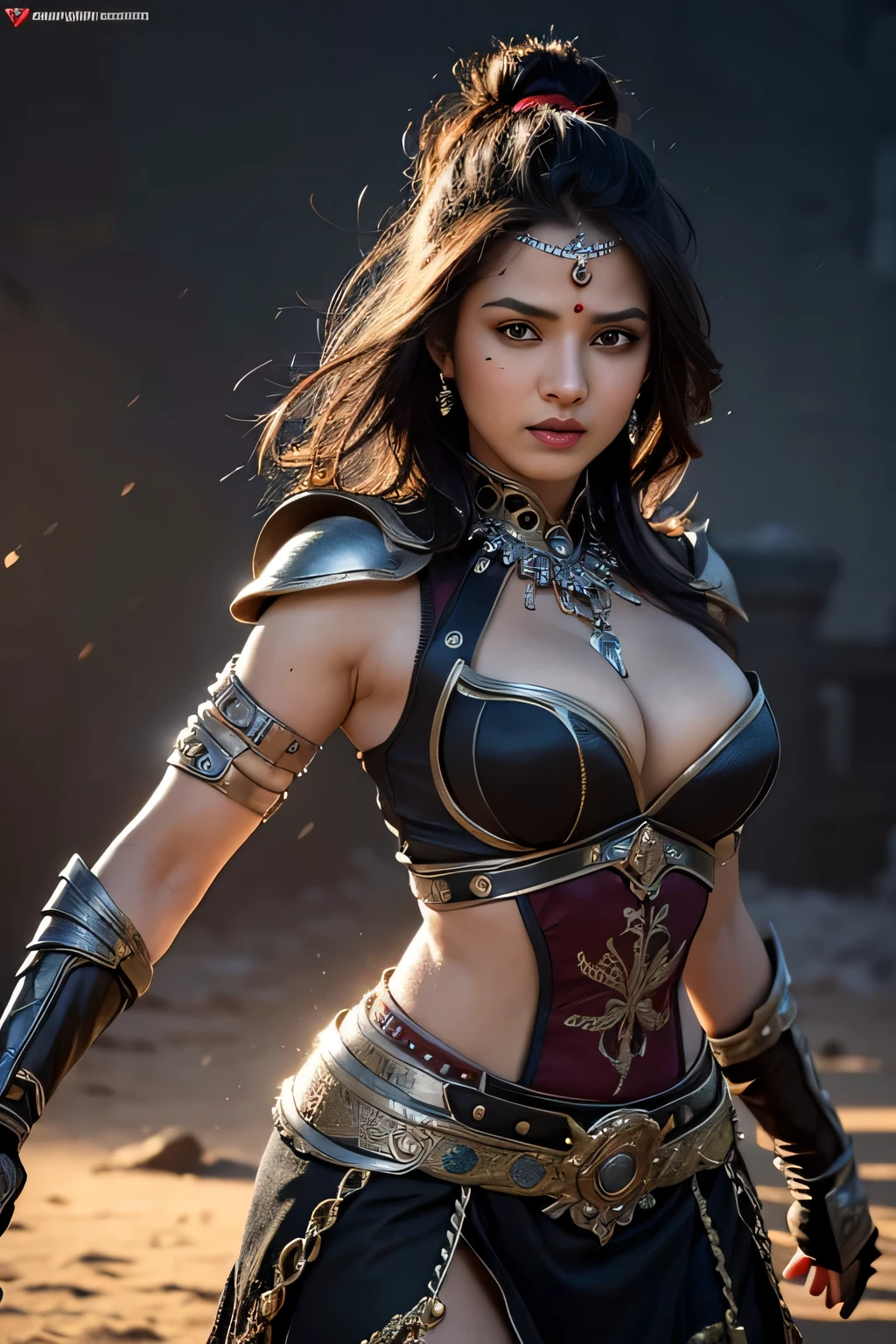 (highest quality,8K,masterpiece),
dynamic shot,Indian warrior,Pose with movement,dynamic pose,
perfect face,realistic skin,perfect hands,
big breasts,
black armor,Detailed details,intricate details,
professional lighting,