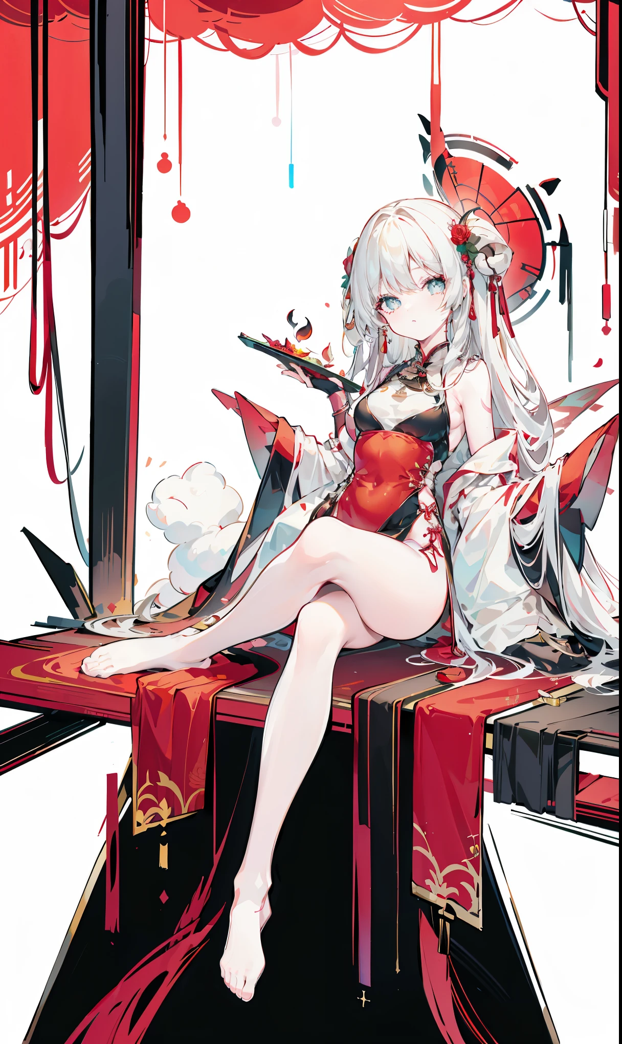 a girl，sheep&#39;bugle, full color,  long white hair, Red眼睛 ，Eyeliner,  black transparent clothes, Red, open air, Rose, night, ruins, Butterfly，mine same as the original, mine, , (:1.2)
rest, (cheongsam), (view from below), (place one's arms behind one's back), (wild lift), thin dress, Crotch cutout, best quality, high resolution, unified 8k wallpaper, (illustration:0.8), (beautiful and delicate eyes:1.6), extremely detailed face, perfect lighting, Very detailed cg, (perfect hands, perfect anatomy),soles of feet，sitting，blond，red lips，Acting cute，Close-up of feet，Soon，perfect feet