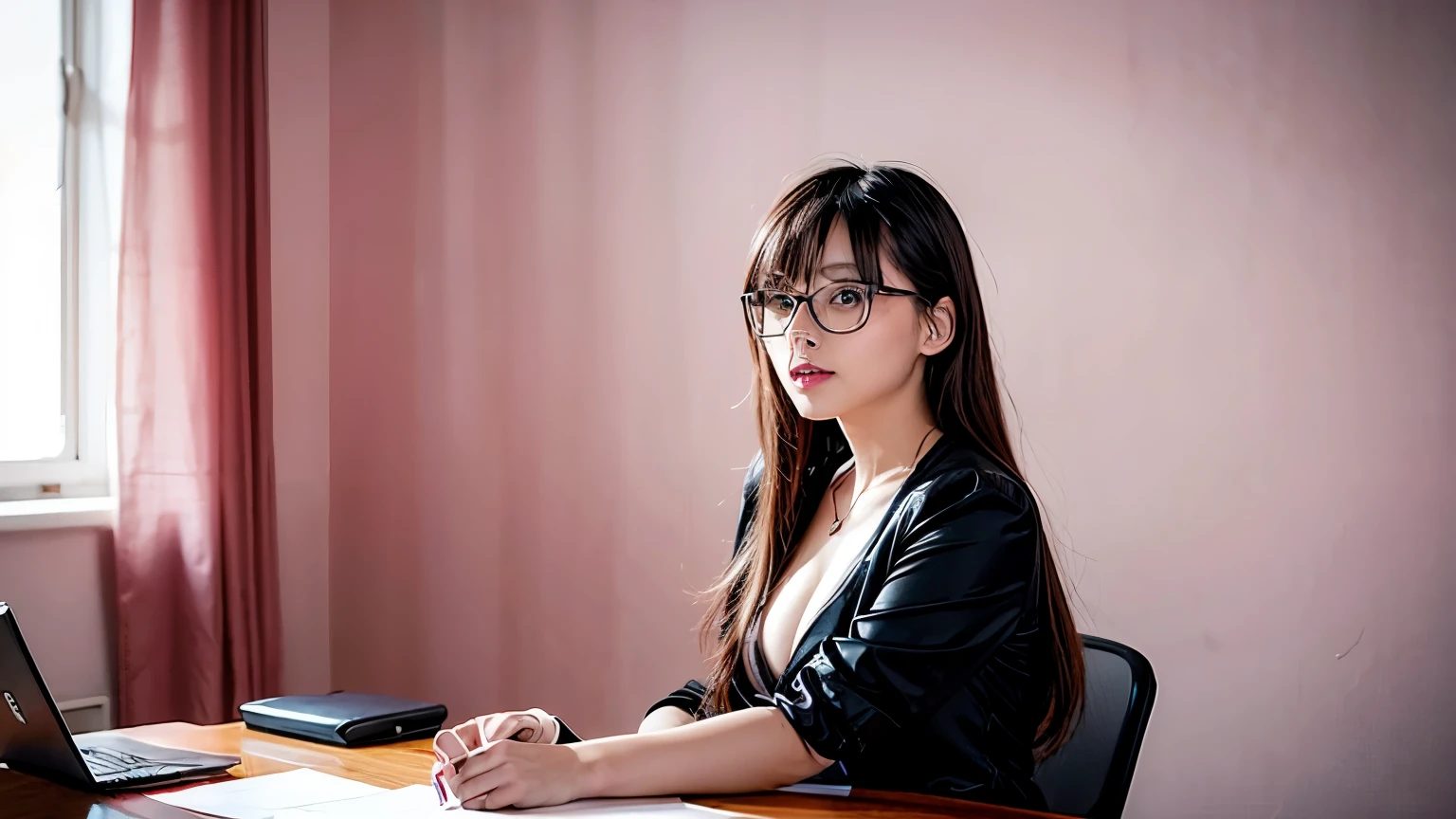 a sexy long hair woman wearing underwar and glasses sitting in the empty office, pink background