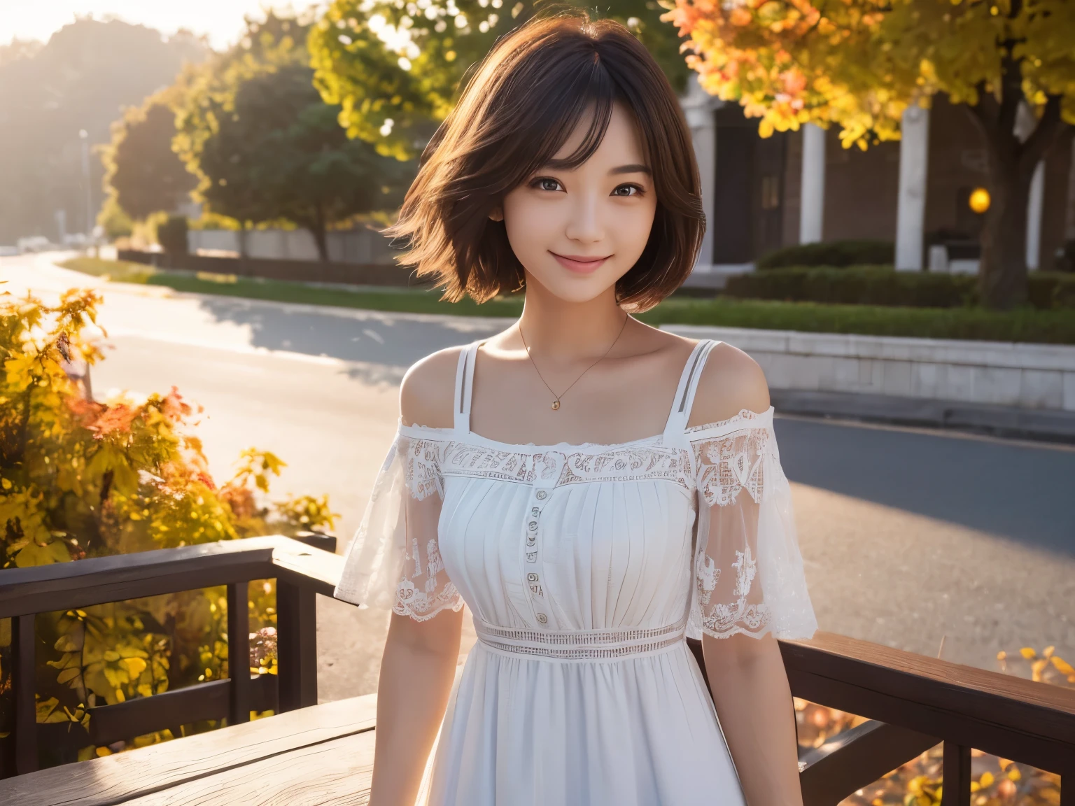 (Happy smile when looking at this、Under the autumn sky、casual clothes、(daydream), 1 girl, Solo Images, (pretty young look),, ((Esmanium)), bob hair,(Insult Strip Color Hair), (lace dress), (Highly realistic detail face in 8k HD:1.5 (Soft Scene), Detailed beautiful reflexed pupils, table top:1.3, Super high resolution:1.2, dynamic lighting)