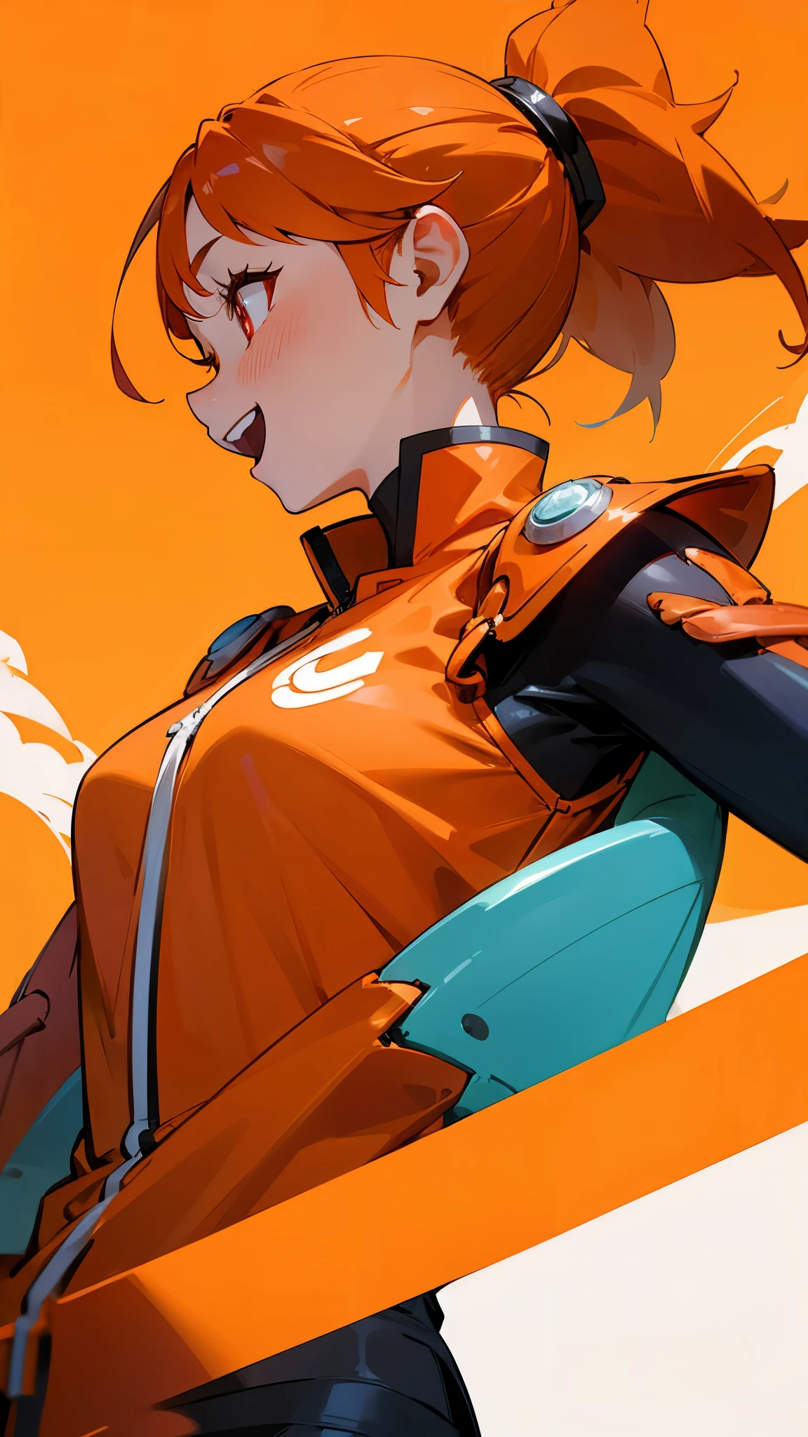 1 girl、Orange clothes、profile、orange hair、ponytail、Beautiful red eyes、smile、laughter、theme park、shrimp mascot、upper body up