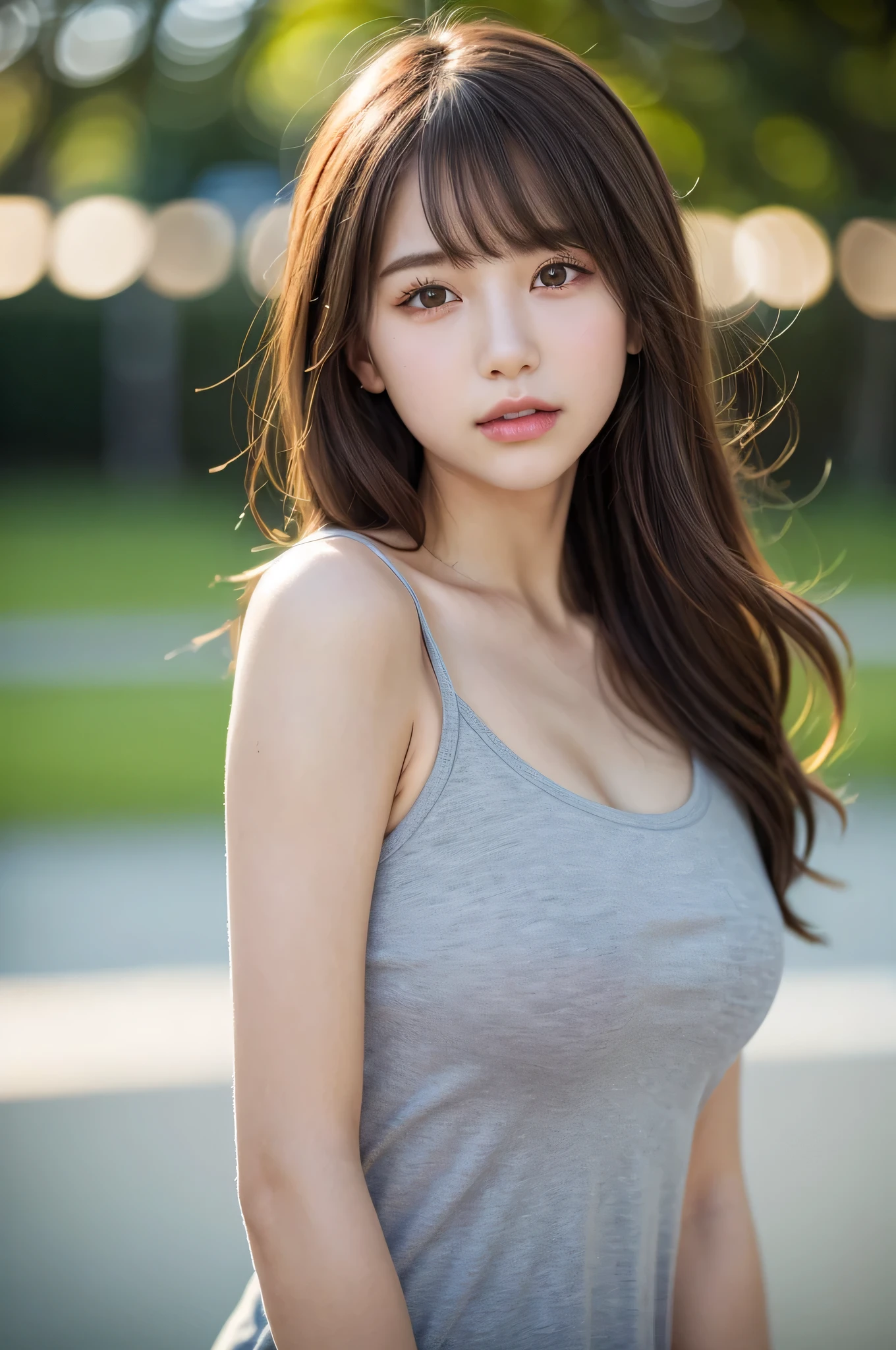 (best quality), (ultra-detailed), (llustration), (detailed light), (an extremely delicate and beautiful), ung girl, brown hair, brown eyes, model, bare shoulders, best quality, extremely detailed CG unified 8k wallpaper, High-definition raw color photos, professional photograpy, (((Bokeh))), depth of fields, twilight, sunset,