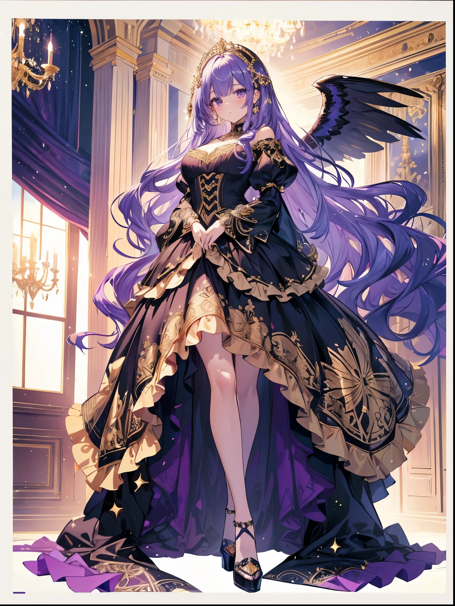 Ultra-realistic photo of a girl in a majestic purple and golden black ball gown dress,big beautiful dress, Intricate billowing ball gown with lots of ruffles and rhinestones, pieces fly, art station, fantasy art:1.2), Palace Room, beautiful cute girl, (long hair:1.2), (intricate short gold skirt 1.2, full body shot)