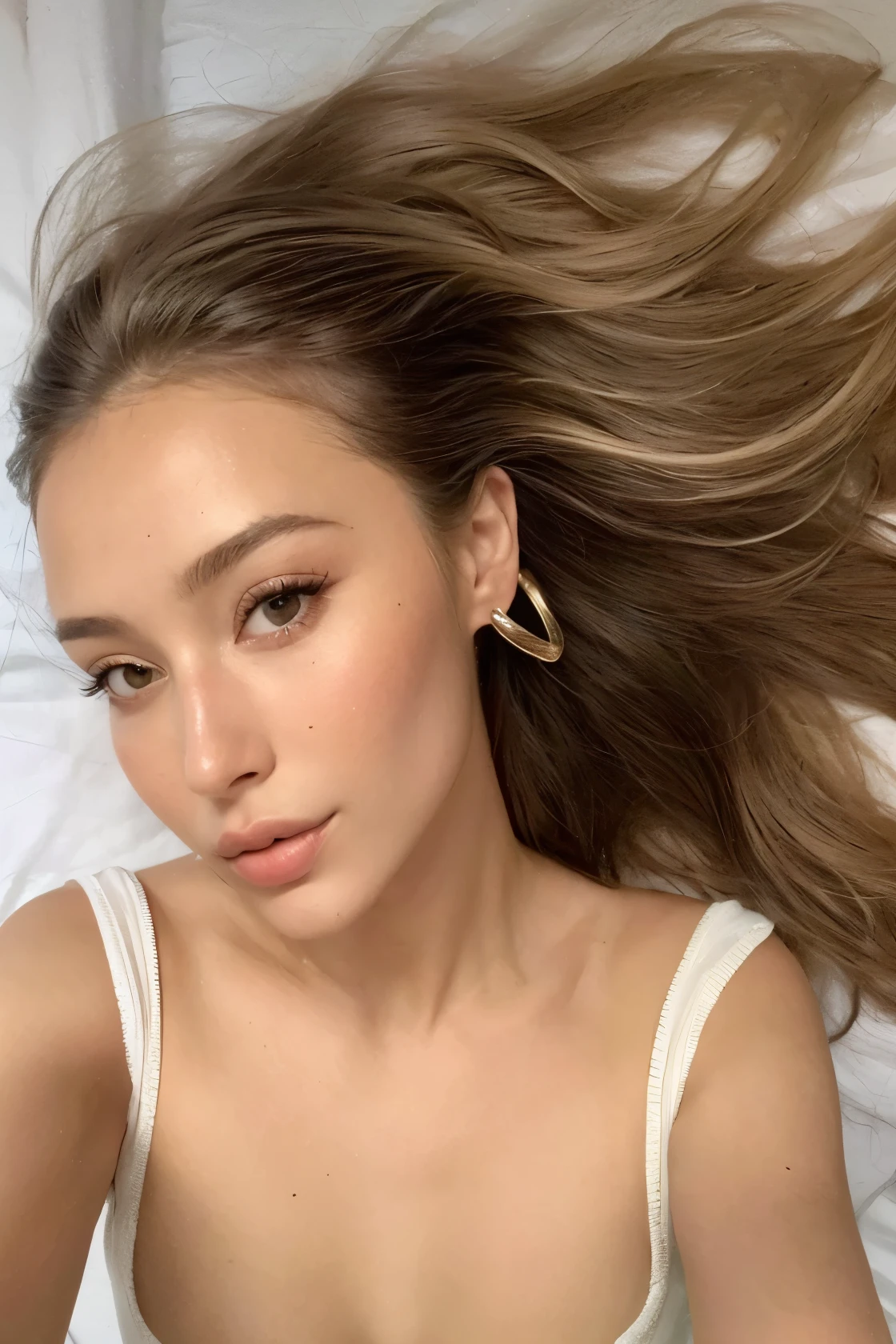 Mulher deitada em uma cama com os cabelos soprando ao vento, Retrato de Sophie Mudd, face like exposed ester, beleza de cair o queixo, beleza de cair o queixo, flawless face, beautiful face and flawless skin, pele suave e brilhante, pale and glowing skin, pele de porcelana brilhante, Rosto extremamente lindo, pele brilhante, uma garota com cabelo loiro, rosto perfeito )