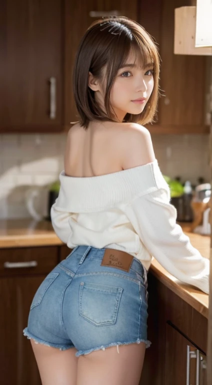 City of night((Standing in the kitchen、looking back、sticking out the butt)),masterpiece、one girl per photo、 (14 year old girl、small face、Extremely beautiful face, natural makeup)(fair skin、realistic skin)(sparkling eyes)、brown hair、((inner、Off-the-shoulder white long-sleeve knit))((Super denim shorts))bright smile、short bob hair、hair behind ears、shiny smooth blonde hair、asymmetric bangs、8K resolution、 high detail、elaborate hairstyle、detailed face、beautiful breasts、beautiful cleavage、thin waist、big ass、thin thighs、description of octane、Super realistic、perfect limbs、、perfect fingertips、perfect anatomy、inviting pose、Angle below the knee、short boots、bold and sexy pose、Full body shot from behind