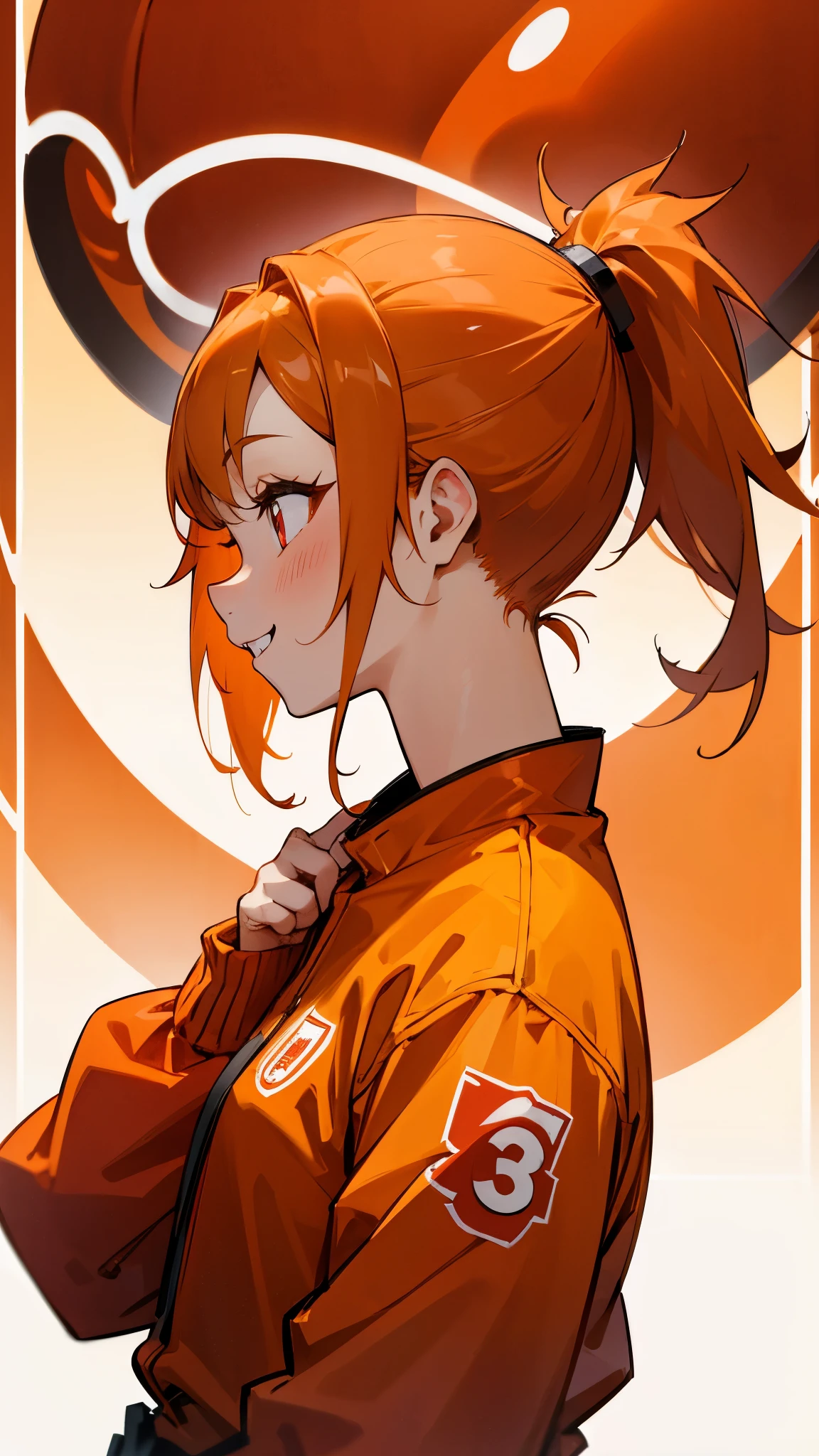 1 girl、Orange clothes、profile、orange hair、ponytail、Beautiful red eyes、smile、laughter、amusement park、theme park、shrimp mascot、upper body up