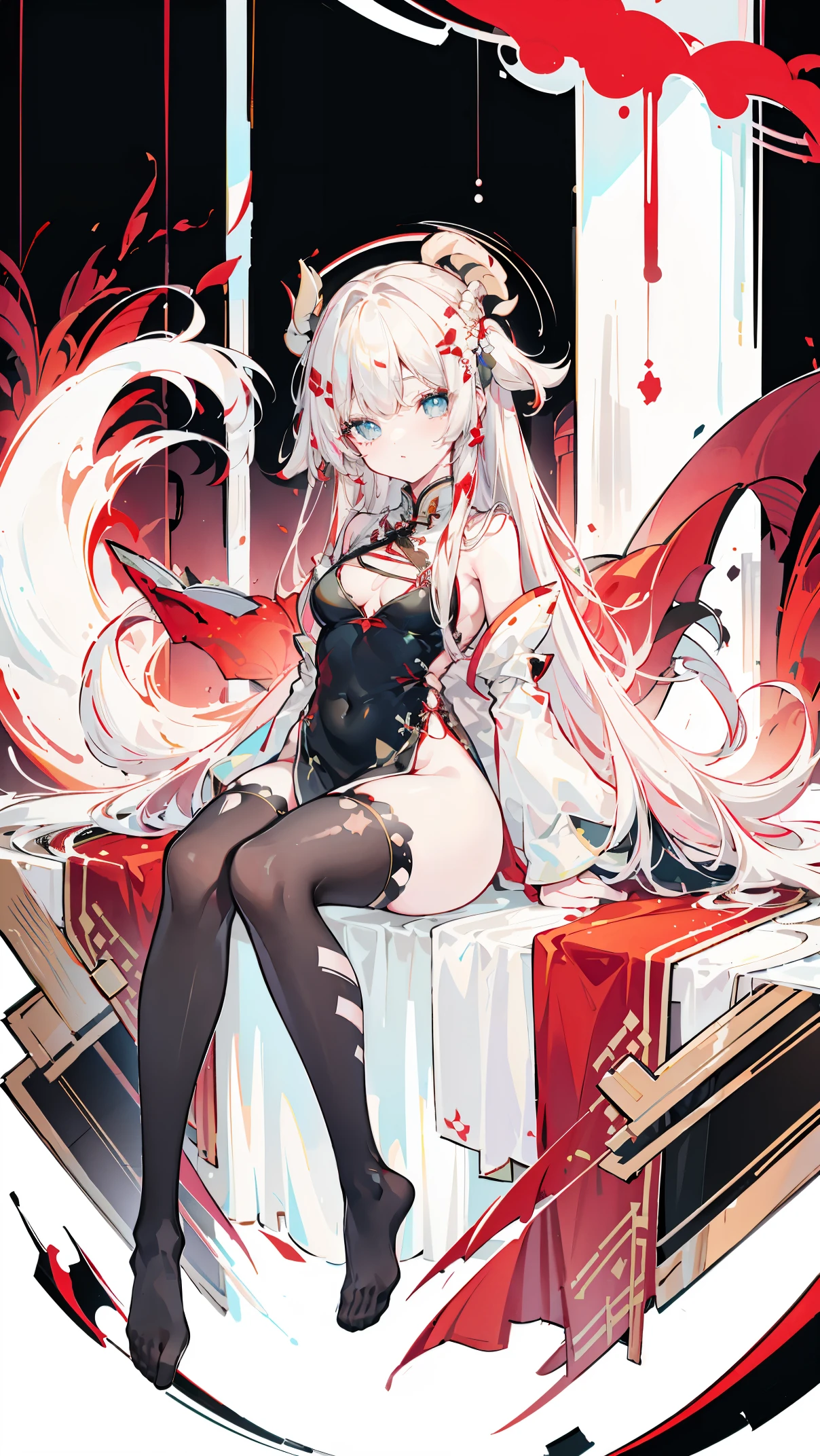 a girl，Sheep&#39;s horn, full color,  long white hair, Red眼睛 ，Eyeliner,  black transparent clothes, Red, open air, Rose, night, ruins, Butterfly，mine same as the original, mine, , (:1.2)
rest, (cheongsam), (view from below), (Put your arms behind your back), (wild lift), thin dress, Crotch cutout, best quality, high resolution, unified 8k wallpaper, (illustration:0.8), (Beautiful and delicate eyes:1.6), extremely detailed face, perfect lighting, Very detailed cg, (perfect hands, perfect anatomy),soles of feet，sitting，blond，red lips，Acting cute，Close-up of feet，up-close，Complete feet