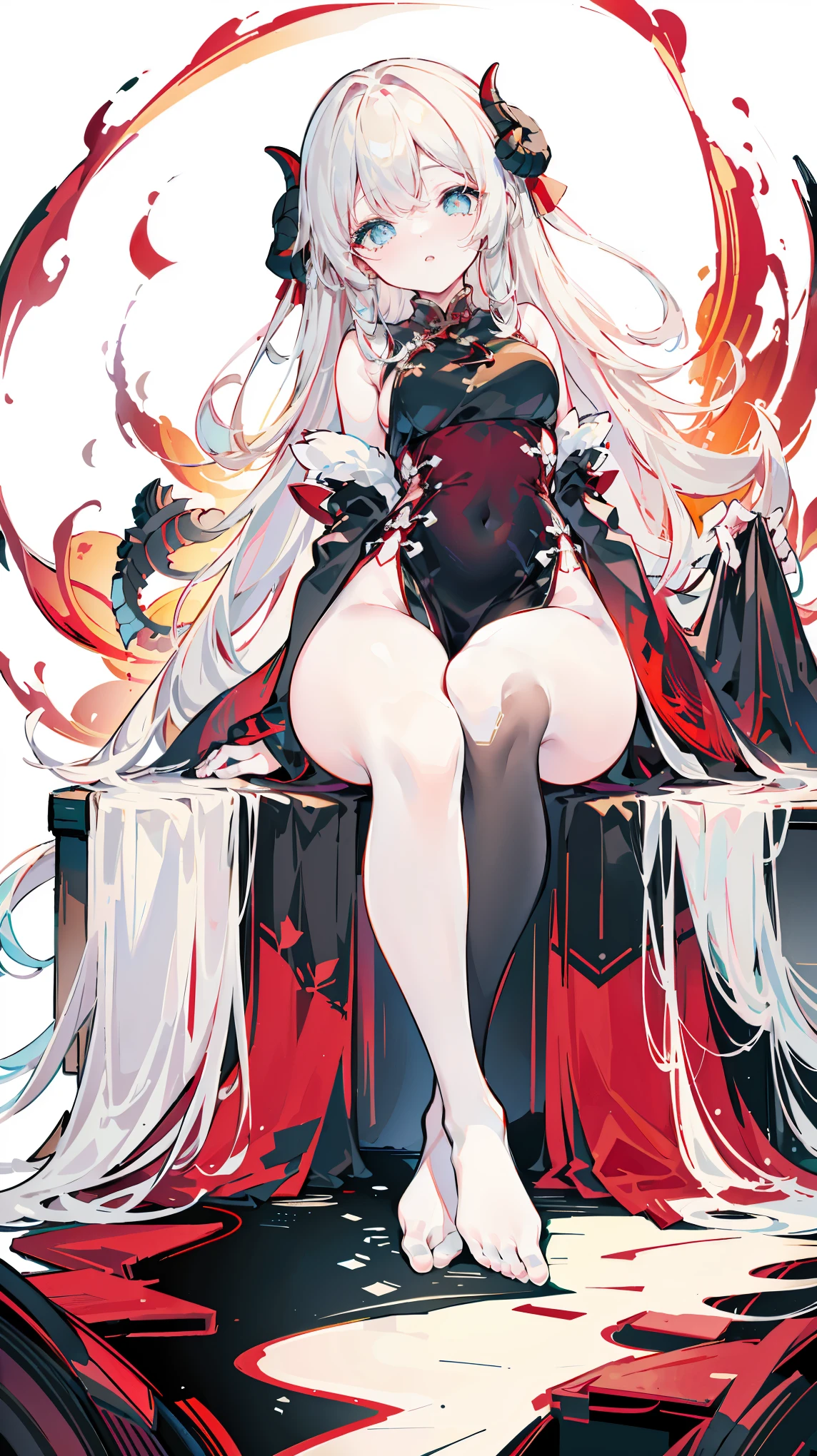 a girl，Sheep&#39;s horn, full color,  long white hair, Red眼睛 ，Eyeliner,  black transparent clothes, Red, open air, Rose, night, ruins, Butterfly，mine same as the original, mine, , (:1.2)
rest, (cheongsam), (view from below), (Put your arms behind your back), (wild lift), thin dress, Crotch cutout, best quality, high resolution, unified 8k wallpaper, (illustration:0.8), (Beautiful and delicate eyes:1.6), extremely detailed face, perfect lighting, Very detailed cg, (perfect hands, perfect anatomy),soles of feet，sitting，blond，red lips，Acting cute，Close-up of feet，up-close，Complete feet