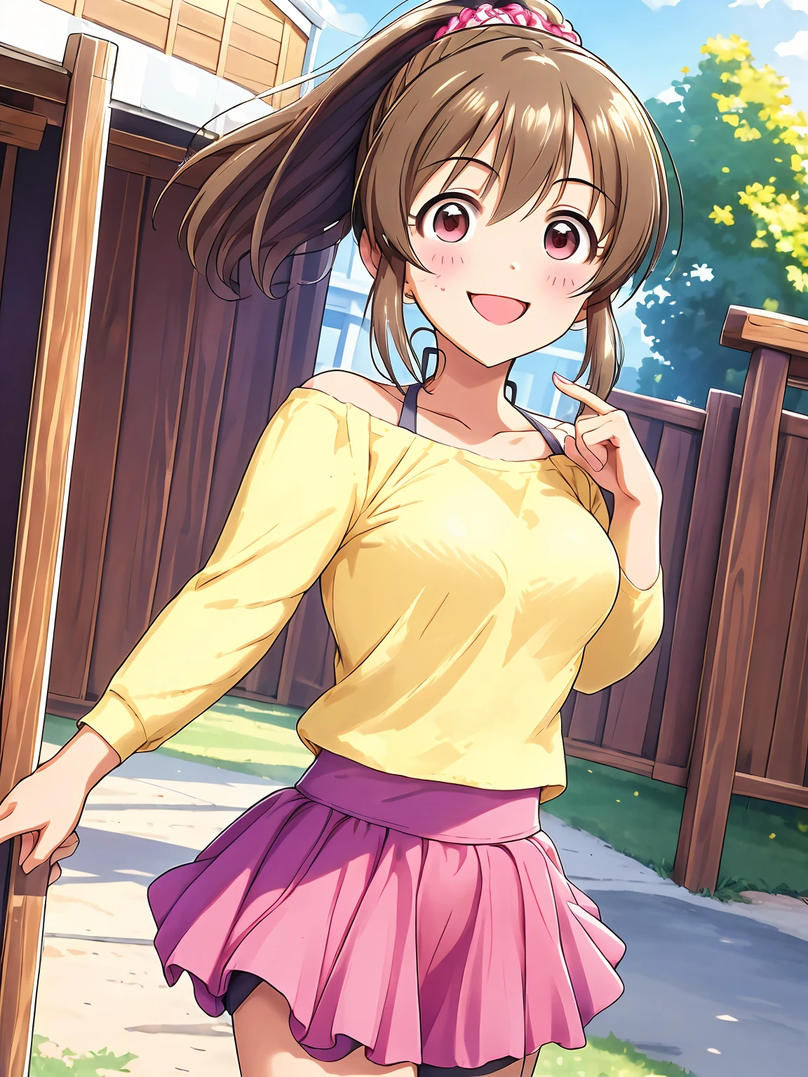 hori yuko, brown hair, brown eyes, ponytail , pink scrunchie, yellow shirt, off-shoulder shirt, purple skirt, best quality, highres,1girl, cute, standing, smile, outdoor, morning, noon,
