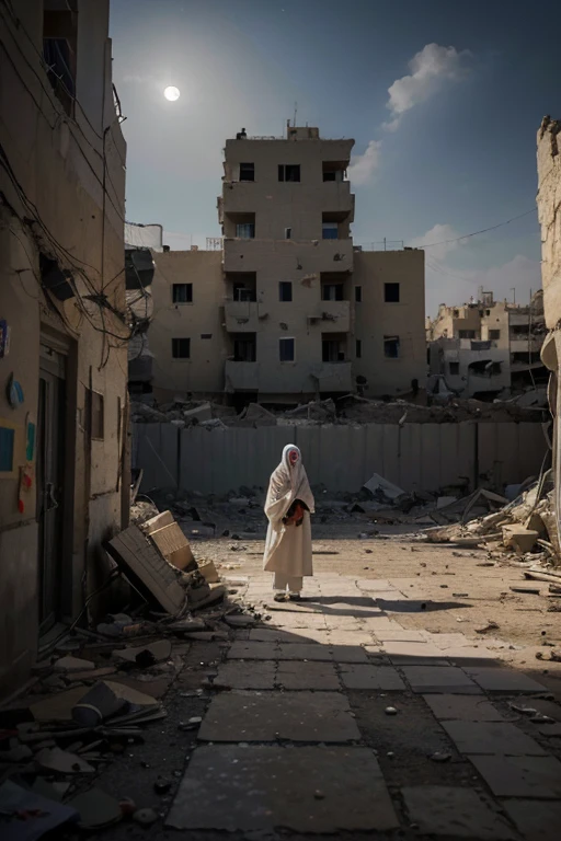 (Quality tags: masterpiece, ultra high res, illustration:1.3), a man adorned in a white robe with the Palestinian flag, standing in the midst of explosions and devastated buildings, (moonlight revealing the harsh reality:1.2), a detailed and accurate depiction, (surrounded by Israeli soldiers:1.1), a street fraught with tension, (crumbling structures bearing witness:1.2), an oppressive atmosphere, (intricate details capturing realism:1.4), a palette of contrasting emotions, (subtle play of light and shadow:1.2), an illustrative narrative showcasing the resilience of the Palestinian spirit amidst the tumultuous conflict.