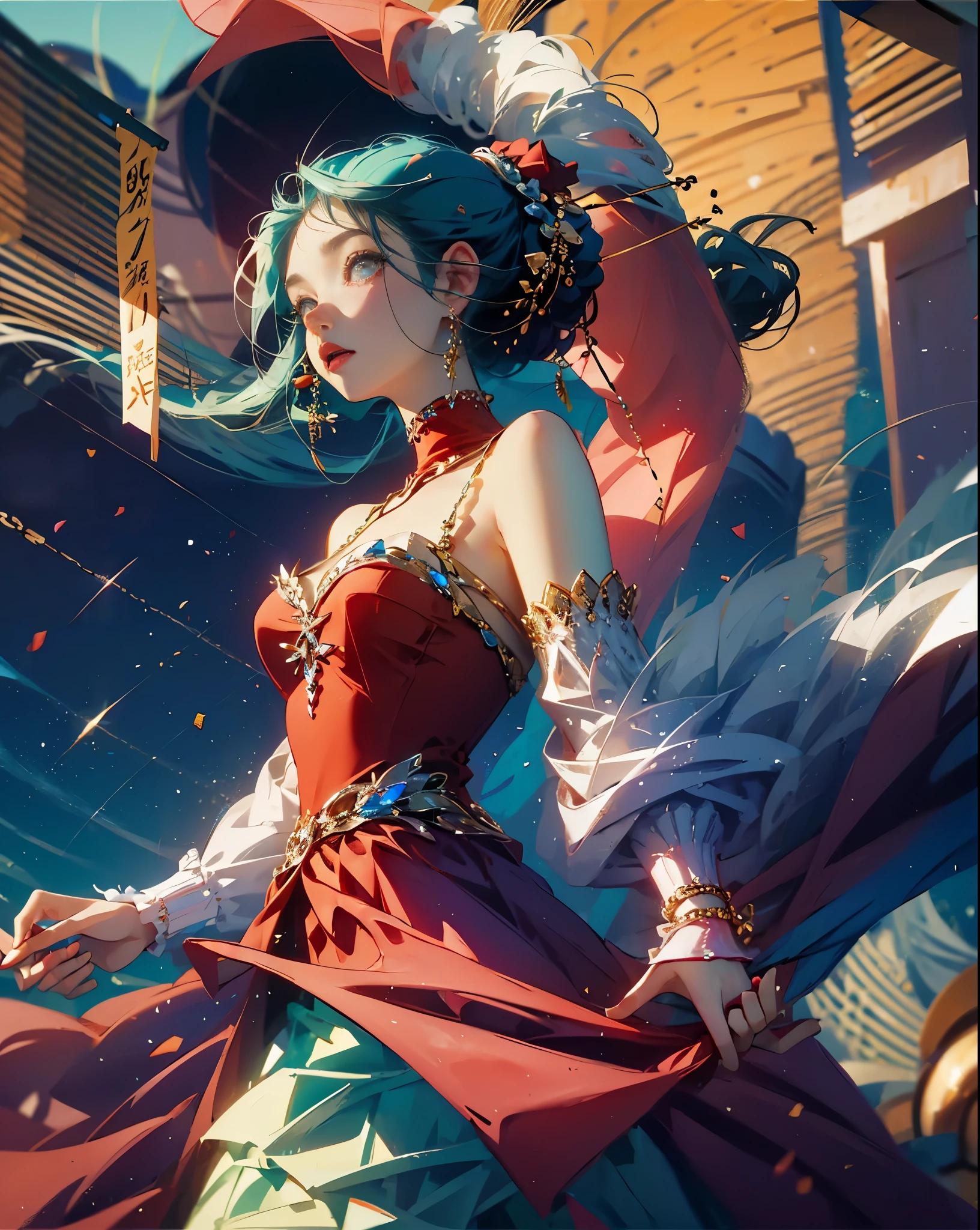 woman in red dress dancing on a stunning stage, estilo anime, --auto --s2