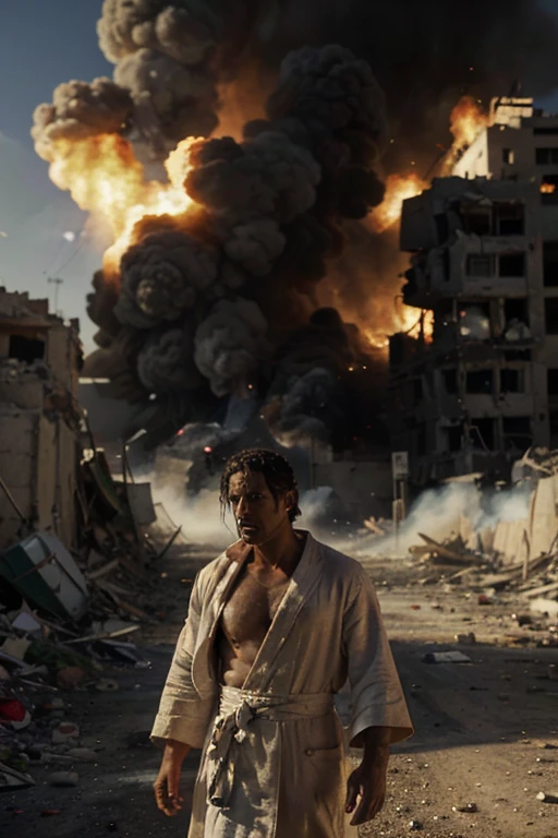 (Quality tags: masterpiece, best quality, official art:1.2), a man in a white robe with the Palestinian flag, standing boldly amidst explosions and devastated buildings, (flowing robe symbolizing resilience:1.3), a realistic portrayal of strength, (stern confrontation with Israeli soldiers:1.1), a street marked by destruction and turmoil, (smoke-filled backdrop:1.2), capturing the harsh reality, (intense gaze and defiant stance:1.4), a powerful narrative of resistance, (dynamic composition:1.2), a scene that speaks truth, a moment of raw accuracy.