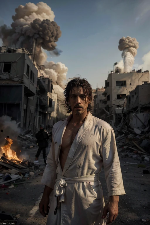 (Quality tags: masterpiece, best quality, official art:1.2), a man in a white robe with the Palestinian flag, standing boldly amidst explosions and devastated buildings, (flowing robe symbolizing resilience:1.3), a realistic portrayal of strength, (stern confrontation with Israeli soldiers:1.1), a street marked by destruction and turmoil, (smoke-filled backdrop:1.2), capturing the harsh reality, (intense gaze and defiant stance:1.4), a powerful narrative of resistance, (dynamic composition:1.2), a scene that speaks truth, a moment of raw accuracy.