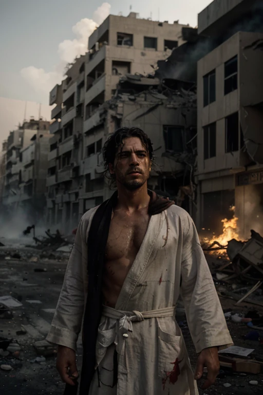 (Quality tags: masterpiece, best quality, official art:1.2), a man in a white robe with the Palestinian flag, standing boldly amidst explosions and devastated buildings, (flowing robe symbolizing resilience:1.3), a realistic portrayal of strength, (stern confrontation with Israeli soldiers:1.1), a street marked by destruction and turmoil, (smoke-filled backdrop:1.2), capturing the harsh reality, (intense gaze and defiant stance:1.4), a powerful narrative of resistance, (dynamic composition:1.2), a scene that speaks truth, a moment of raw accuracy.
