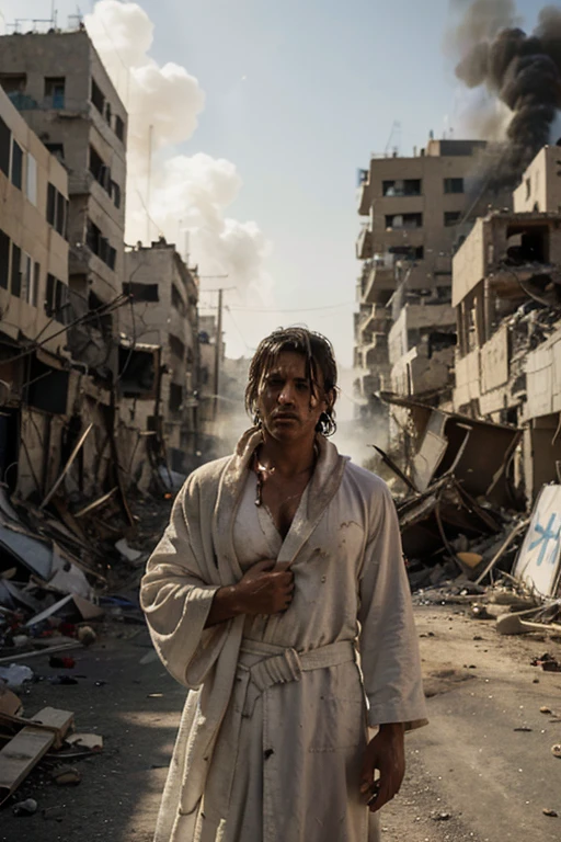 (Quality tags: masterpiece, best quality, official art:1.2), a man in a white robe with the Palestinian flag, standing boldly amidst explosions and devastated buildings, (flowing robe symbolizing resilience:1.3), a realistic portrayal of strength, (stern confrontation with Israeli soldiers:1.1), a street marked by destruction and turmoil, (smoke-filled backdrop:1.2), capturing the harsh reality, (intense gaze and defiant stance:1.4), a powerful narrative of resistance, (dynamic composition:1.2), a scene that speaks truth, a moment of raw accuracy.