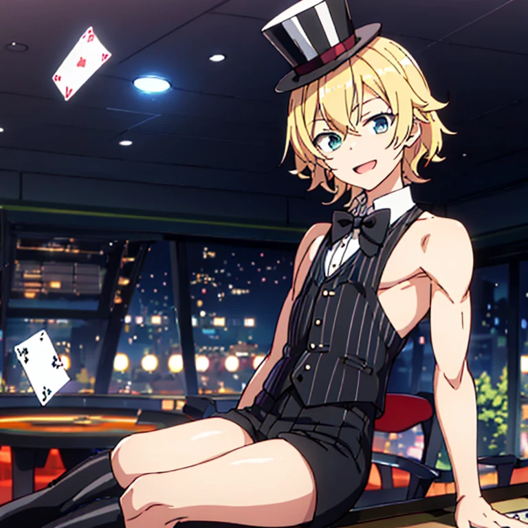 solo, playful open mouth smile anime boy late teen, blonde, robotic arm, wavy short hair, light muscles, small black top hat, black crop top pinstripe sleeveless suit jacket, black pinstripe dress shorts, white high socks, black boots, sitting on a large casino table with poker chips, holding playing cards, looking at viewer, sunny lighting, large windows in background over looking wasteland, daytime, NSFW