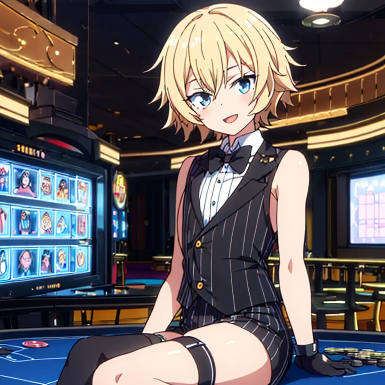 solo, playful open mouth smile anime boy late teen, blonde, robotic arm, wavy short hair, light muscles, small  top hat, crop top black pinstripe sleeveless vest, black pinstripe dress shorts, high socks, black boots, sitting on a large casino table with poker chips, looking at viewer, sunny lighting, large windows in background over looking wasteland, daytime, NSFW