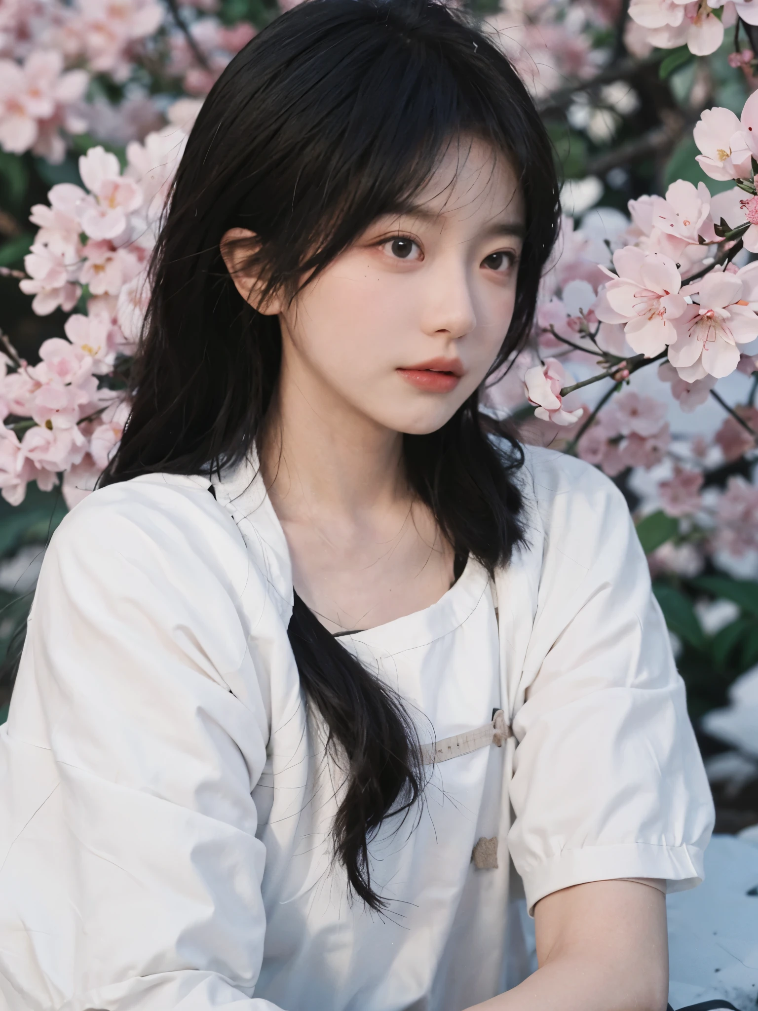 best quality, ultra high resolution, White background,(realistically:1.4), 2 girls, White short sleeves,twin? Cherry blossom rain,A pair of eyes as clear as snow,Royal sister,looking at the audience, close up ,