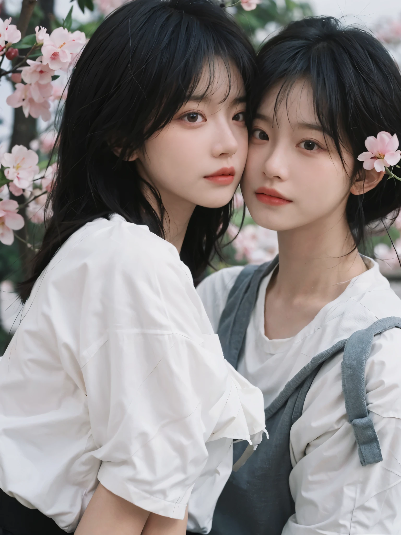best quality, ultra high resolution, White background,(realistically:1.4), 2 girls, White short sleeves,twin? Cherry blossom rain,A pair of eyes as clear as snow,Royal sister,looking at the audience, close up ,