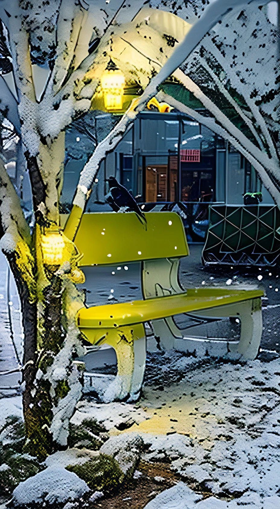 scene of winter snow on bench and the branches of trees at the sides of bench covered with snow a crow sitting on the bench wearing a cap a yellow light coming from side trees decorated with fairy lights beautiful winter scene snow fall scene