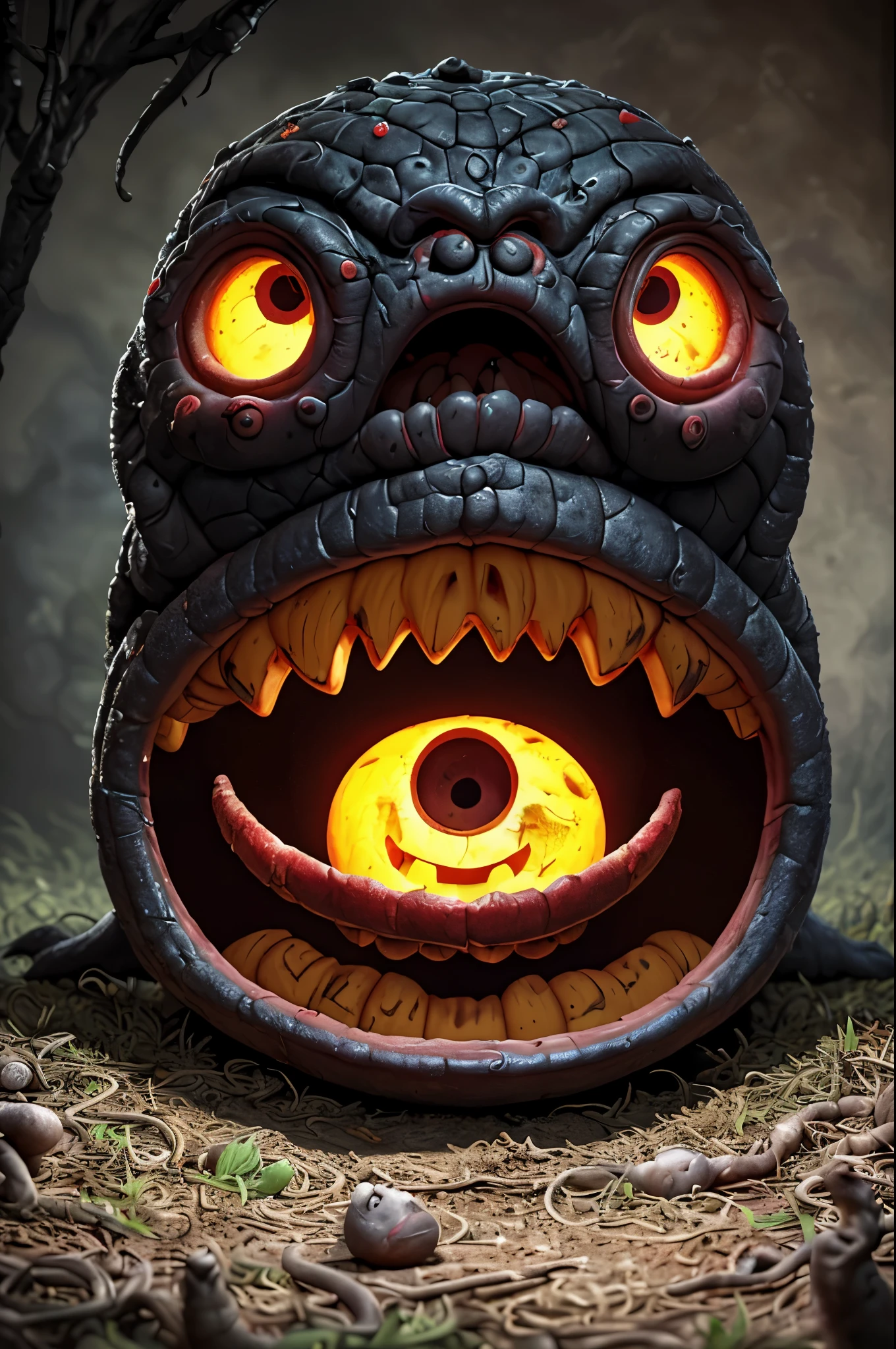 (best quality,4k,8k,highres,masterpiece:1.2),ultra-detailed,(realistic,photorealistic,photo-realistic:1.37),creepy pumpkin,carved,scary monster,glowing eyes,sharp fangs,dark shadows,evoking fear,haunting atmosphere,ominous presence,gothic,horror,spooky lighting,sinister grin,nightmarish,menacing,ominous,macabre,unsettling,terrifying,vivid colors,strong contrast,gloomy,dreadful,foreboding,haunting,haunted house,creepy vines,enchanted,shadows,expressionless face,unsettling silence