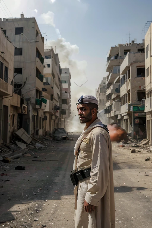(Quality tags: masterpiece, high resolution, photo-realistic:1.3), a man draped in a white robe adorned with the Palestinian flag, (worn but defiant:1.2), amidst a backdrop of explosions and devastated buildings, (dusty and smoke-filled atmosphere:1.2), a striking symbol of resistance, (gazing courageously:1.1), determination in his eyes, (ruined street:1.2), a scene of chaos and destruction, (Israeli soldiers in the background:1.2), tense and confrontational, (subtle details capturing realism:1.1), the palpable tension frozen in a powerful and accurate portrayal.