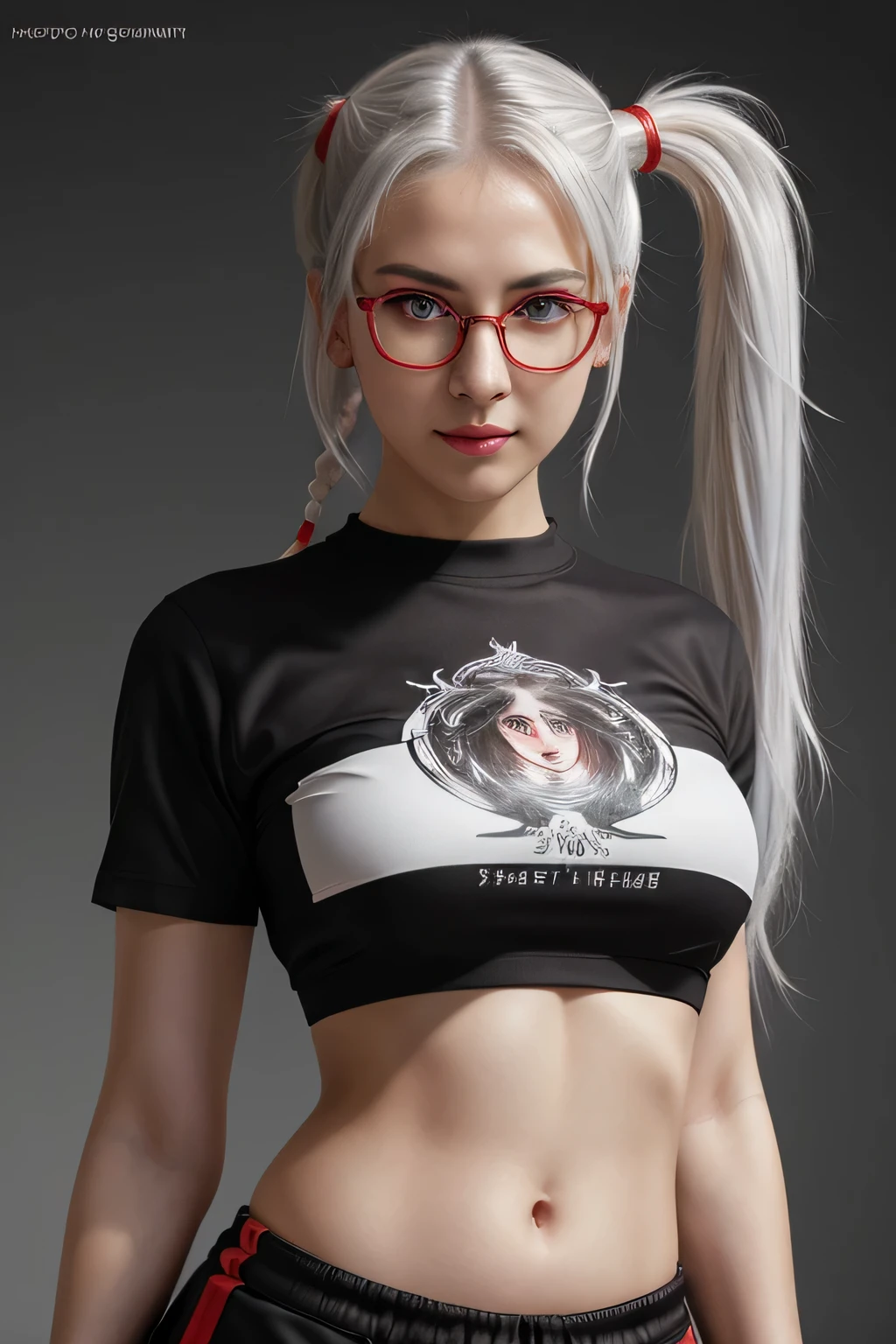 highres, masterpiece,highest quallity, ultra detailed, (detailed eyes), (detailed face), 1girl,illustration, white hair, red eyes, highest details, (luminous eyes), flat breats, (midriff:1.4), high contrast, colorful,komori_idol, (ponytail:1.2),(happy:1.2),looking at viewer,upper body,( t-shirt:1.1),( glasses)