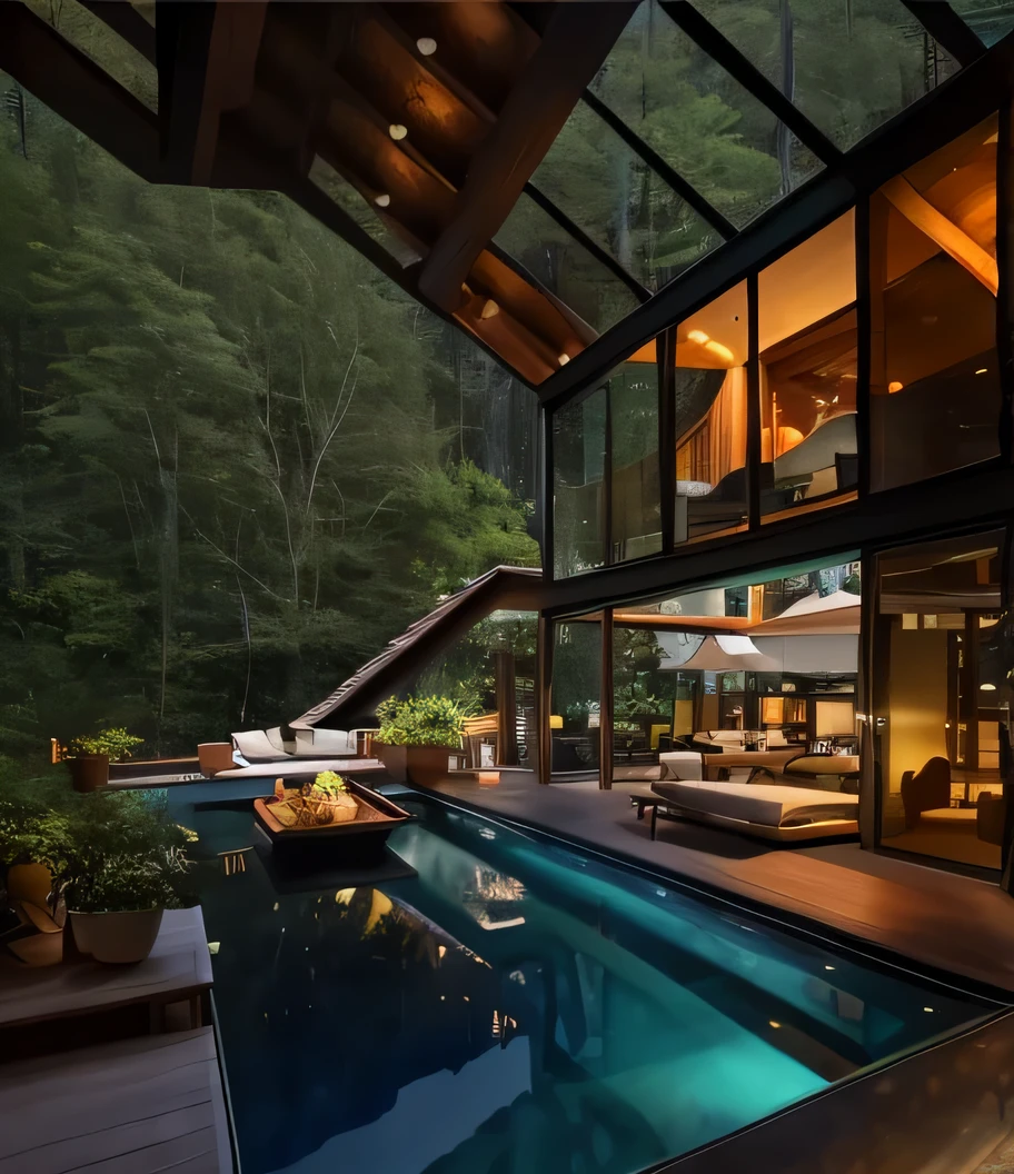 There a big pool in the middle of the house, All set amidst stunning outdoor landscapes, Large windows offer night views of the forest, blend into the mountains, Next to the pool, Luxurious environment, Luxury lifestyle, House in the forest, pools and streams, Modern house in the woods, very close to real nature, well-designed masterpiece, magical environment