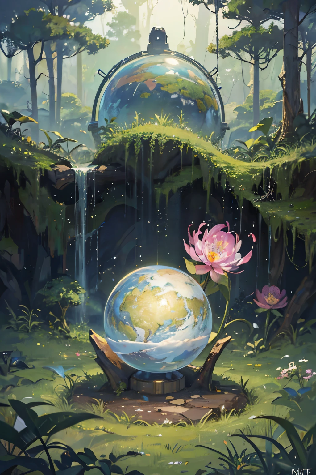 (((masterpiece))) (((best quality))) glass orbs, close-up of a planet with a bunch of trees on it, overgrown planet, green planet, fractal world, fantasy overgrown world, fantasy planet, Dyson Sphere, pink planet, 3D rendering beep, planetary landscape, round planet inspired by Jofra Bosschart, planet, future world, psychedelic flower planets, ethereal world, (the light emitted)