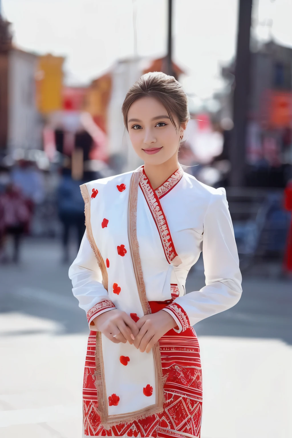 (best quality,4k,8k,highres,masterpiece:1.2),ultra-detailed,(realistic,photorealistic,photo-realistic:1.37),clear lines,light and dark photography,canon photography,crystal clear,detailed eyes and lips,beautiful woman,Tai dress,Shan dress,traditional dress,slim fit dress,Pretty Buttocks, long Hair, Instagram Pattern Pose, standing cute pose, confident, slim girl, big tits:1.2, perfect anatomy, perfect symmetry:1.2, Realistic, realistic face:1.3, perfect face, content, confident, very detailed, and dramatic, cinematic lighting, Lighting scene, soft lights
graceful movement, full body photography, (((masterpiece :1.5))), vibrant colors,exquisite embroidery,detailed patterns,graceful posture,serene expression,natural lighting,rich textures,depth and dimension,warm color tones,gorgeous background scenery,beautiful garden,floral elements,fine brushstrokes,artistic composition,natural poses,photogenic,model-like appearance, full body photography, photorealistic ...