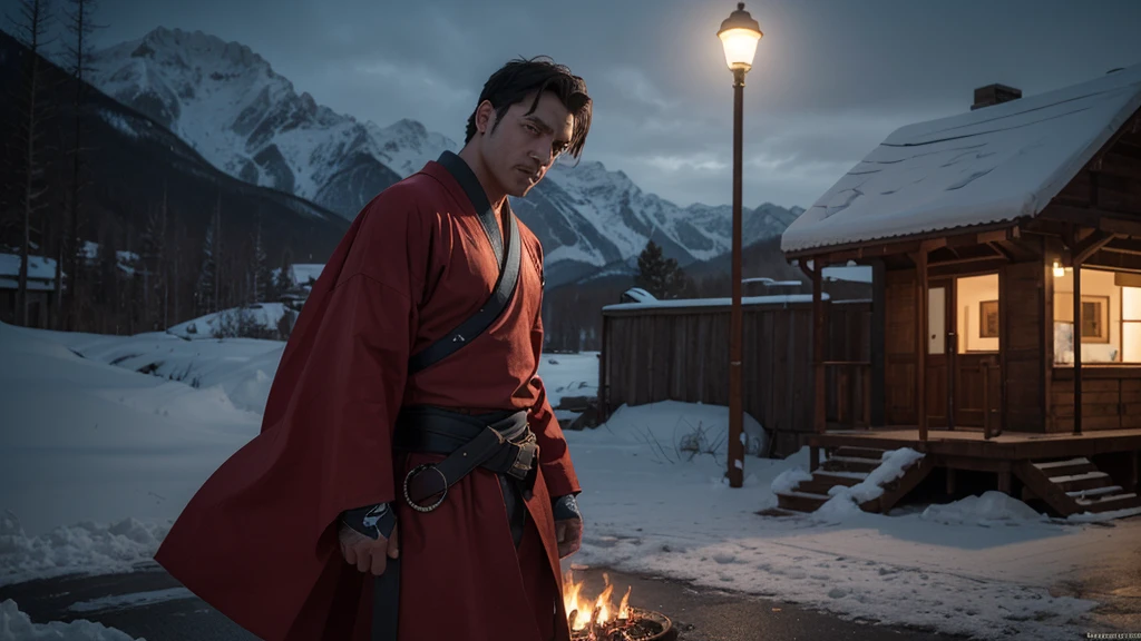 "Develop a striking image with the highest resolution and vivid lighting, depicting a rugged fighter wearing a red kimono, his bandages bleeding, amidst a freezing and challenging environment. Capture the intensity of the moment, highlighting the strength of the fighter in contrast to the coldness of the setting, providing an atmosphere that conveys both determination and challenge."