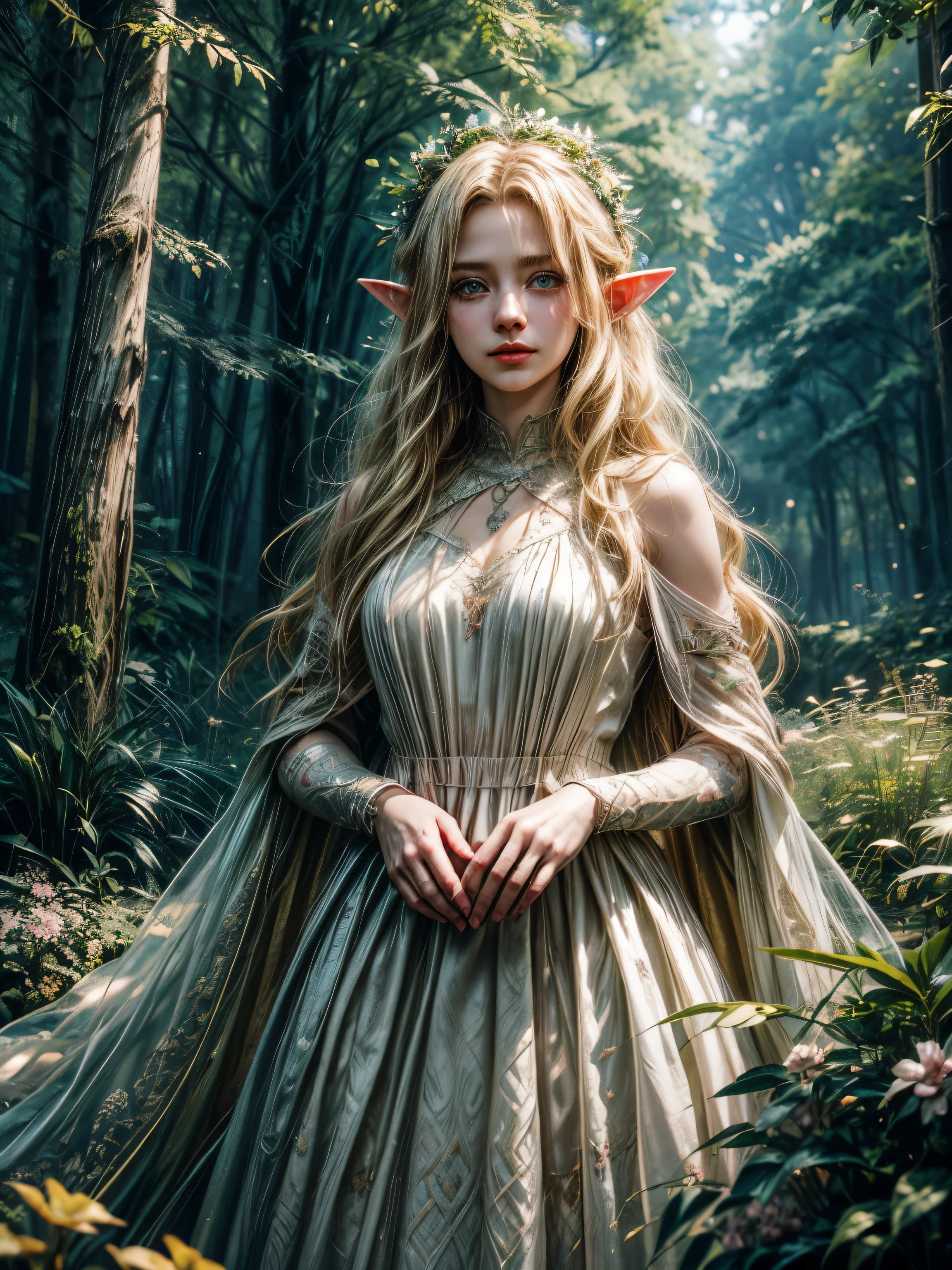 (hyperdetailed), 8k hyperresolution wallpaper, best quality, 80mm lens, a beautiful young elf full body photo, long light green straight hair, (highly detailed hair: 1.4), smoke, mist, (dark forest: 1.1), bokeh, faded, neutral colors, (hdr: 1.5), ((muted colors)), intricate scene, artstation, hyperdetailed, cinematic photo, warm lights, dramatic light, intricate details, [vignette], complex background,  (((((cinematic look)))), soft tones, insane details, intricate details, hyperdetailed, low contrast, soft cinematic light, dark colors, exposure mix, hdr, faded, slate gray atmosphere, (wide angle), photorealistic, sharp focus, beauty lips, short dress --auto --s2