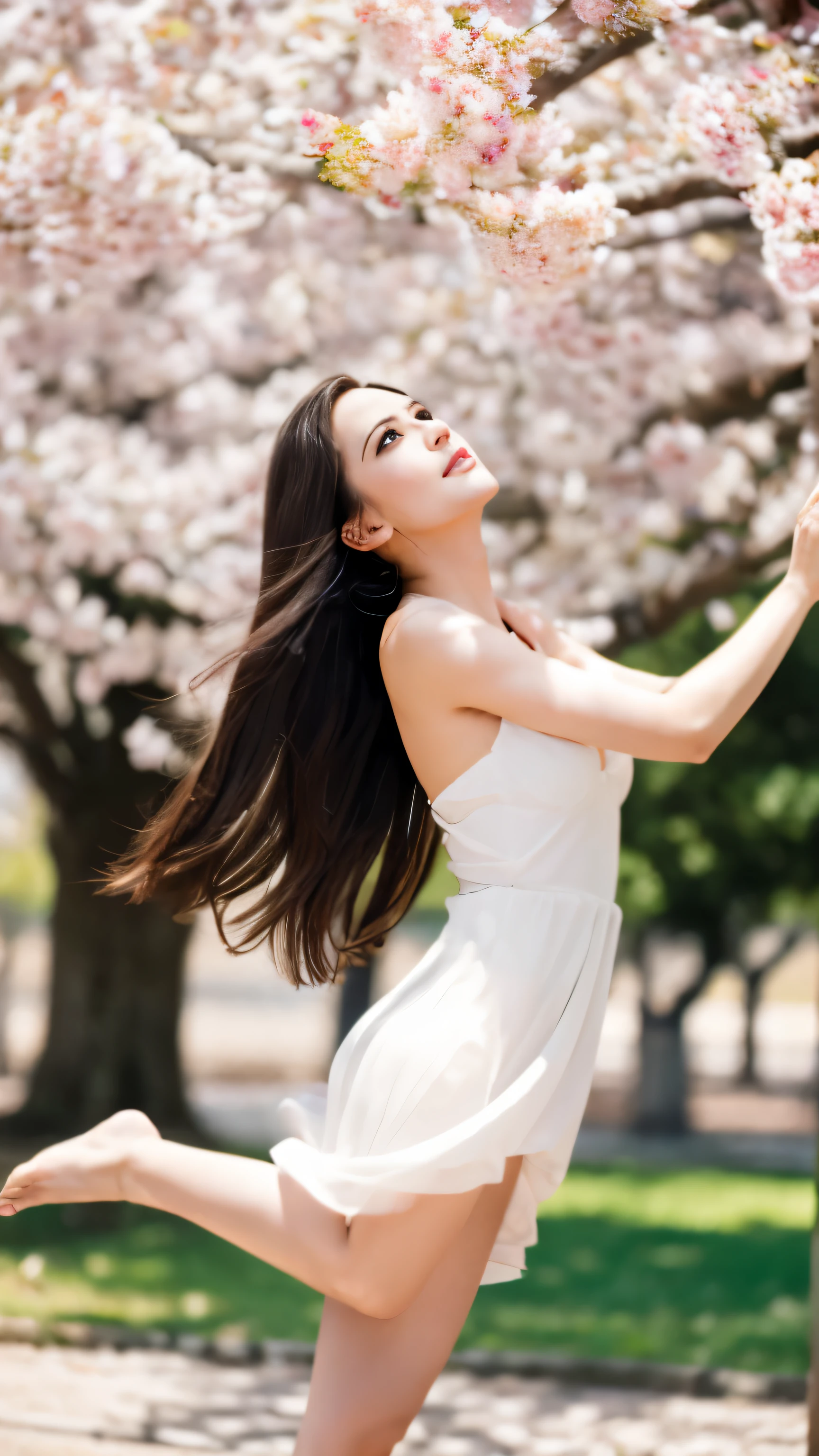 (girl:1.5),race,ribbon,(masterpiece, side light, dark beautiful gray eyes: 1.2), Medium chest, realistic, shining eyes,shiny hair,black hair,long long hair, Glossy skin, alone, embarrassing,strapless,exquisite,beautifully,garden,flowers,flying petals, barefoot, Cherry Blossom, cinematic light, cinematic composition, rich expressive power