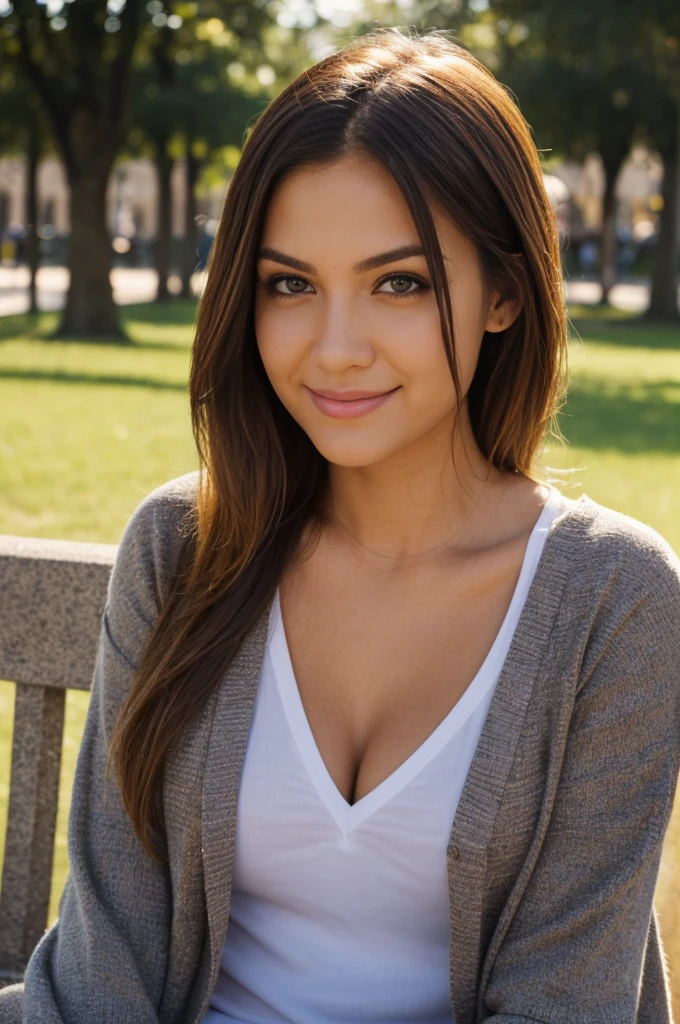mónica with peaceful face, happy, sitted in the park town bank, high contrast, professional lighting, uhd