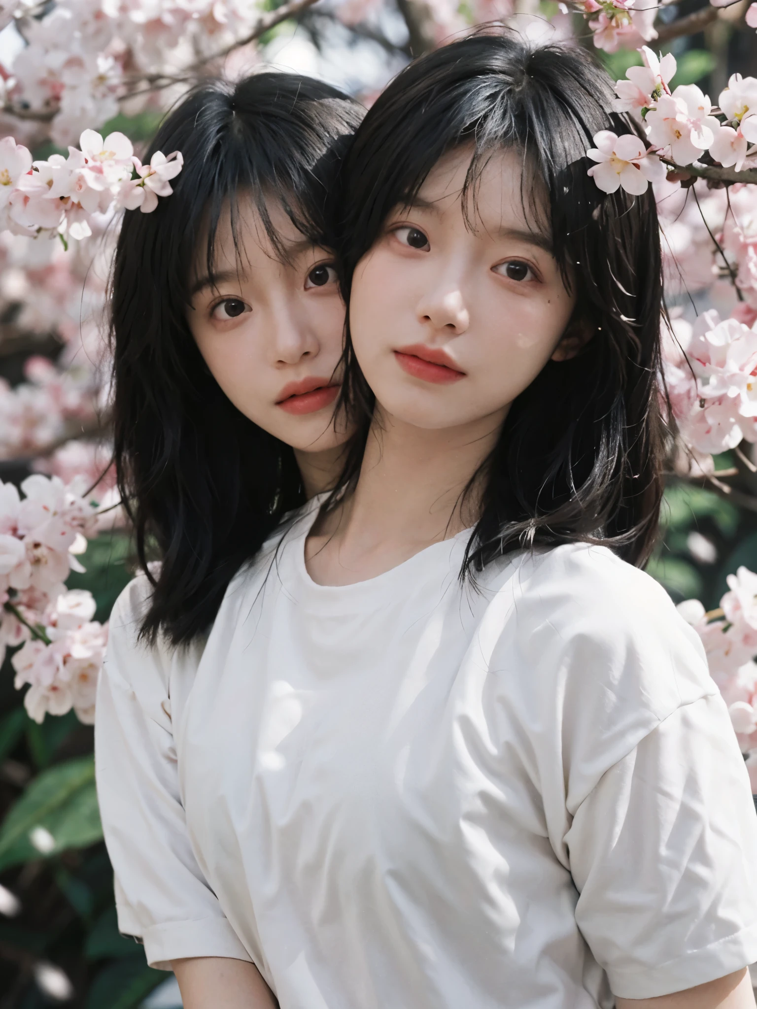 best quality， ultra high resolution， White background，（realistically：1.4）， 2 girls， White short sleeves，twin? Cherry blossom rain，A pair of eyes as clear as snow,Royal sister，looking at the audience， close up ，