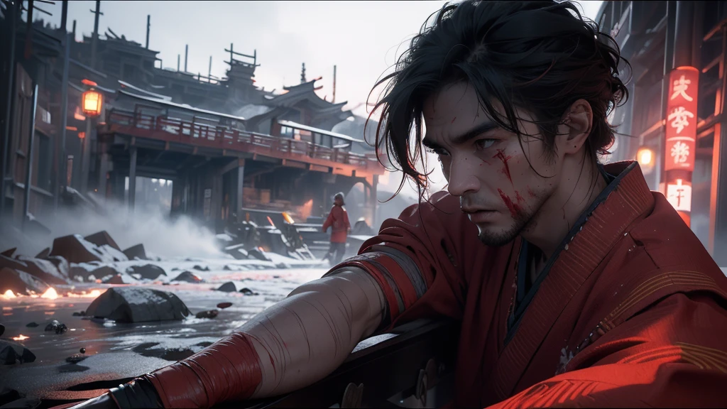 "Develop a striking image with the highest resolution and vivid lighting, depicting a rugged fighter wearing a red kimono, his bandages bleeding, amidst a freezing and challenging environment. Capture the intensity of the moment, highlighting the strength of the fighter in contrast to the coldness of the setting, providing an atmosphere that conveys both determination and challenge."