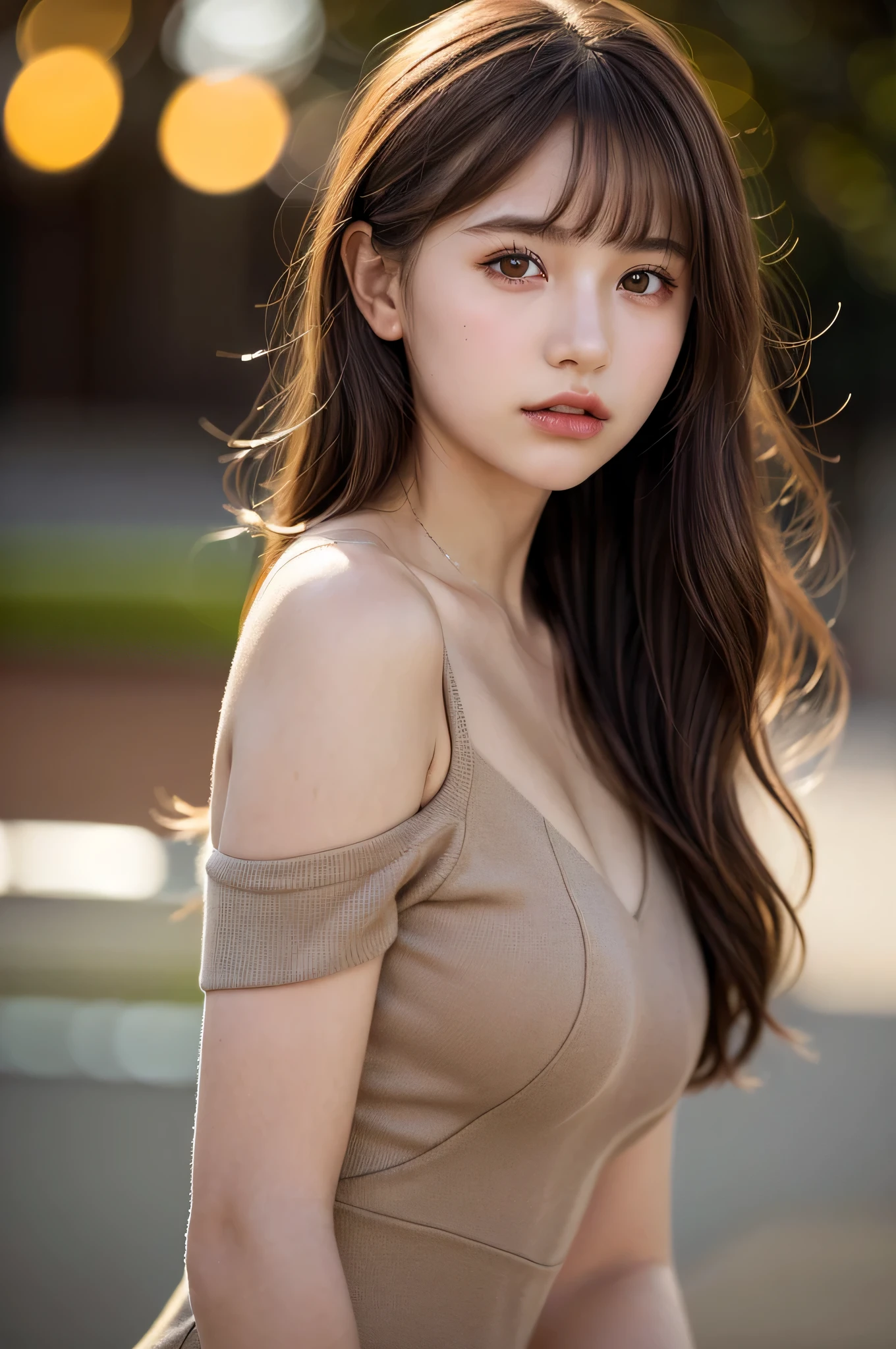 (best quality), (ultra-detailed), (llustration), (detailed light), (an extremely delicate and beautiful), 1young girl, brown hair, brown eyes, model, bare shoulders, best quality, extremely detailed CG unified 8k wallpaper, High-definition raw color photos, professional photograpy, (((Bokeh))), depth of fields, twilight, sunset,