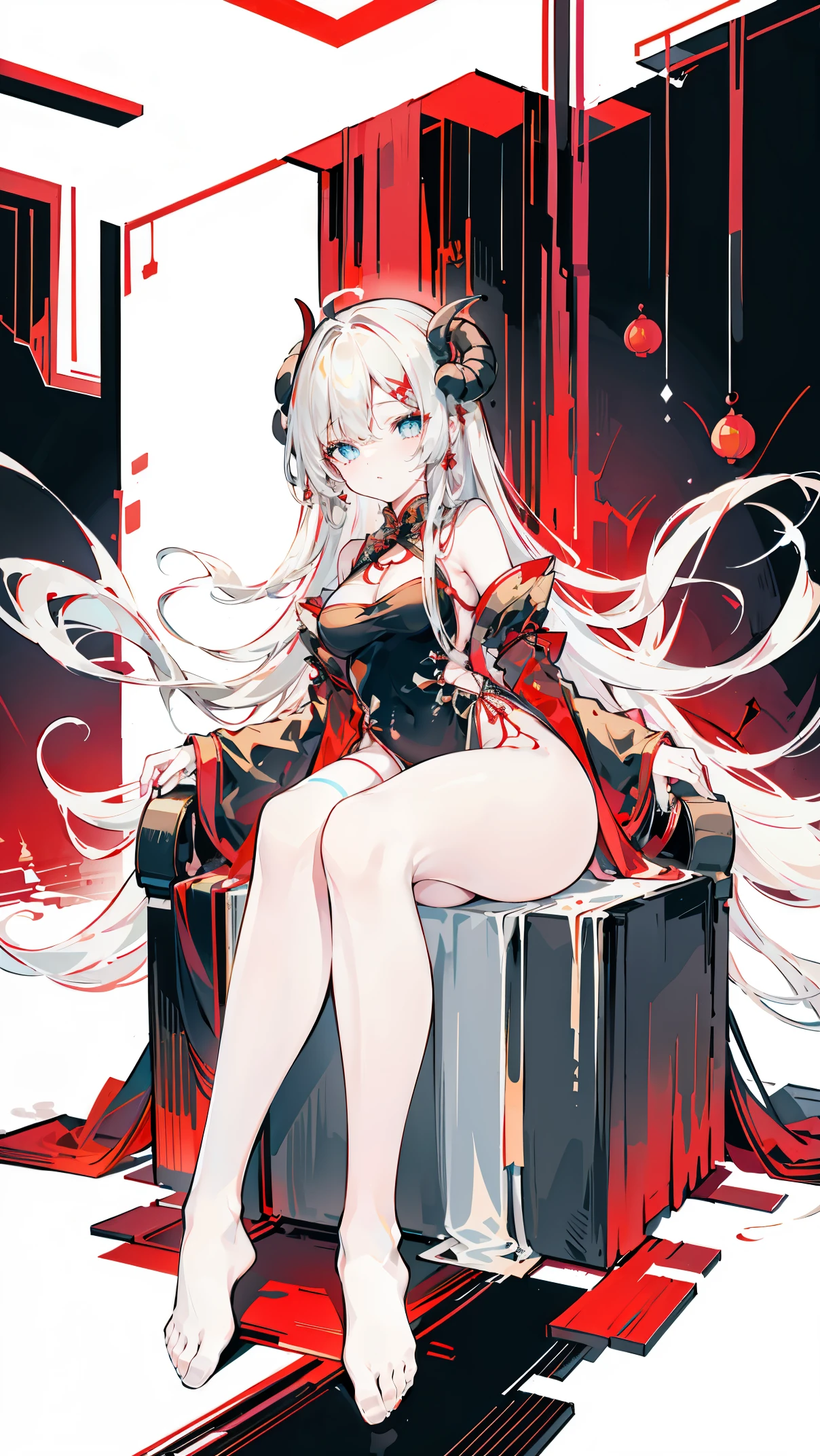 a girl,Sheep's horn, full color, long white hair, Red眼睛 ,Eyeliner, black transparent clothes, Red, open air, Rose, night, ruins, Butterfly,mine same as the original, mine, , (:1.2)
rest, (cheongsam), (view from below), (Put your arms behind your back), (wild lift), thin dress, Crotch cutout, best quality, high resolution, unified 8k wallpaper, (illustration:0.8), (Beautiful and delicate eyes:1.6), extremely detailed face, perfect lighting, Very detailed cg, (perfect hands, perfect anatomy),soles of feet,sitting,blond,red lips,Acting cute,Close-up of feet,up-close,Complete feet