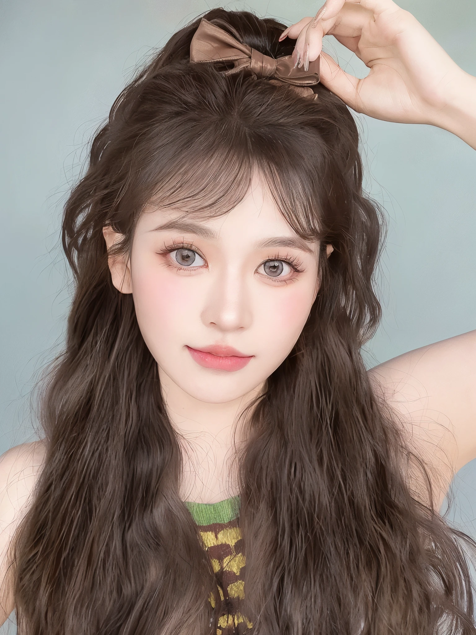 there a long hair、Woman with bow on her head, kawaii realistic portrait, sakimicchan, Urzan, Korean popular makeup, Fluffy bangs, Cute and natural anime face, yanjun chengt, Korean popular makeup, With cute doting eyes, brown hair and big eyes, cute korean face, 年轻cute korean face