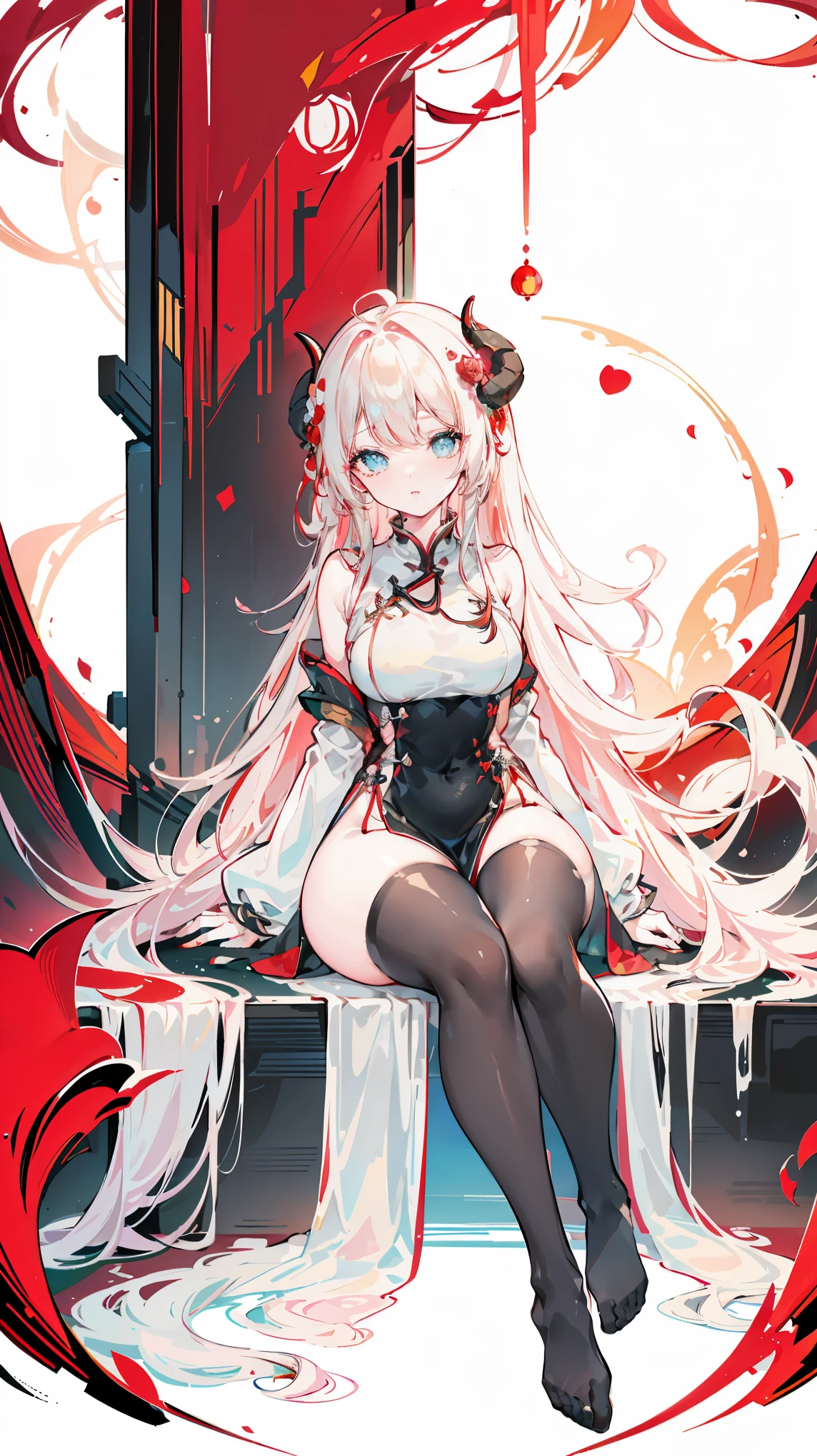 a girl，Sheep&#39;s horn, full color,  long white hair, Red眼睛 ，Eyeliner,  black transparent clothes, Red, open air, Rose, night, ruins, Butterfly，mine same as the original, mine, , (:1.2)
rest, (cheongsam), (view from below), (Put your arms behind your back), (wild lift), thin dress, Crotch cutout, best quality, high resolution, unified 8k wallpaper, (illustration:0.8), (Beautiful and delicate eyes:1.6), extremely detailed face, perfect lighting, Very detailed cg, (perfect hands, perfect anatomy),soles of feet，sitting，blond，red lips，Acting cute，Close-up of feet，up-close，Complete feet