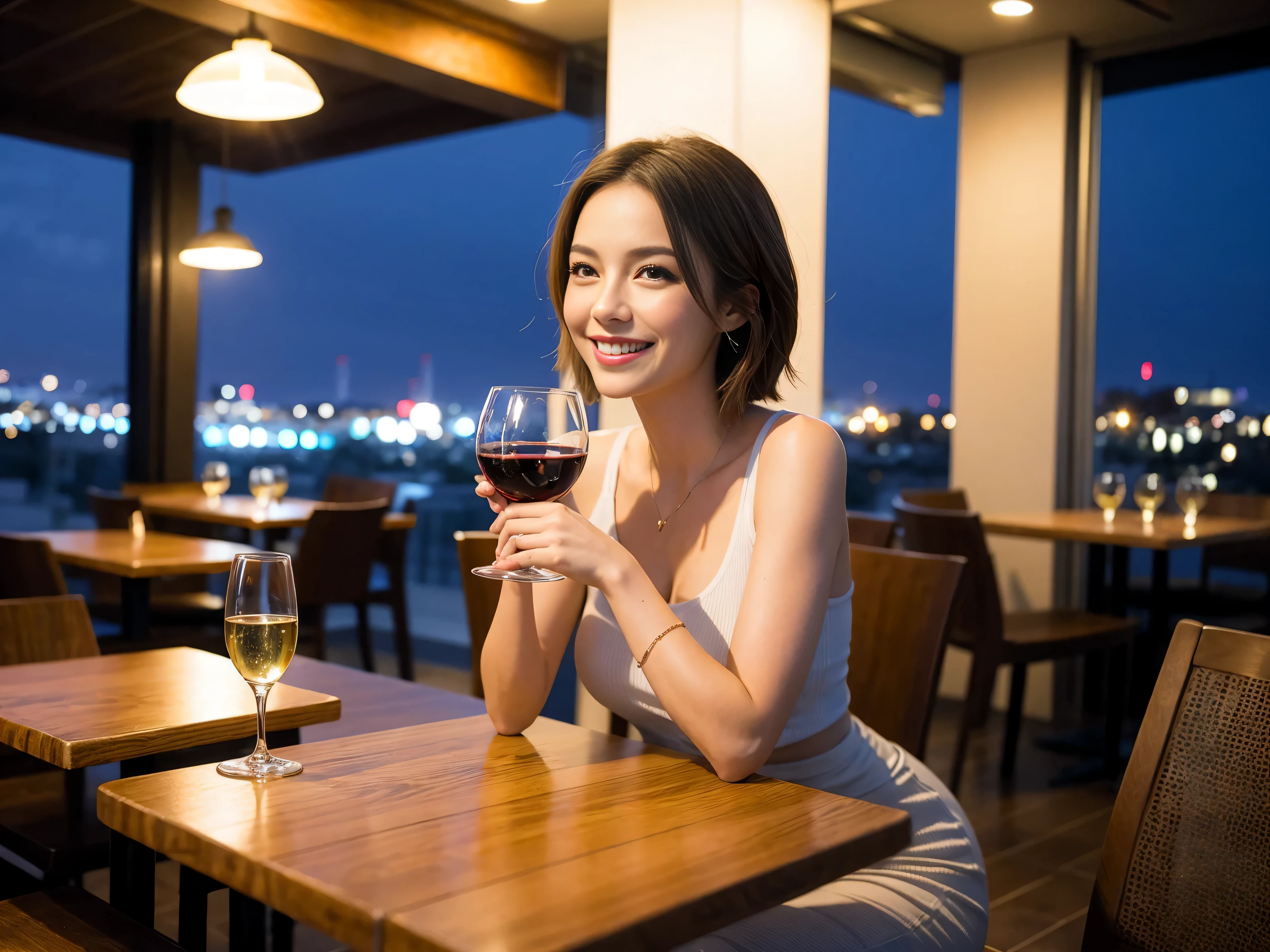 (64k uhd, nffsw, of the highest quality, masutepiece: 1.2), (Realistic, Photorealistic: 1.37), super detailed, 1 pretty woman, (Slim Face), (Slim body), (Brown hair), (short-cut), cheeks blush a little, (42 year old), 38 years, Solo, A beautiful and detailed night view spreads out outside the window., restaurant, Wine glass sitting, Night, In a prominent place (from waist up) NovaFrogStyle, actress, Model, waist-up, white wine, slim, wine glasses, Super clean night view, Wine glass placed in the middle, Happy smile, (Smile: 1.15), Beautiful fine eyes, Upper body, Bust Japan Up, Night, Short, Short, actress, Model, waist-up, white wine, slim, wine glasses, Super clean night view, Wine glass placed in the middle, Happy smile,